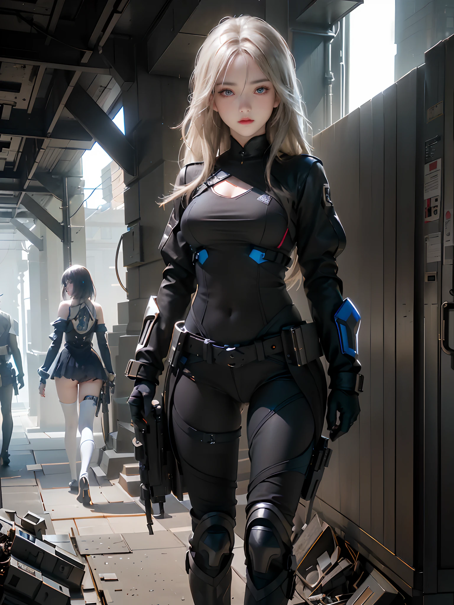 ((top-quality)), (((masterpiece)), (detaileds: 1.4), 3D, Beautiful Cyberpunk Woman Image, bob cuts, Broken black tights, leather clothes, Electromechanical, nffsw(HighDynamicRange), Ray traching, NVIDIA RTX, Hyper-Resolution, Unreal 5, Sub-surface scattering, PBR Texture, Postprocess, Anisotropy Filtering, depth of fields, Maximum sharpness and acutance, Multilayer Texture, Albedo and Highlight Maps, Surface Coloring, Accurate simulation of light-material interactions, perfectly proportions、octane renderings、two tone lighting、Large aperture、Low ISO、White Balance、thirds rule、8K Raw、masterpiece、top-quality、(8k extremely detailed CG unit wallpaper)(top-quality)、(The best illustrations)、(Best Shadows), blue eyes, long hair, big titt