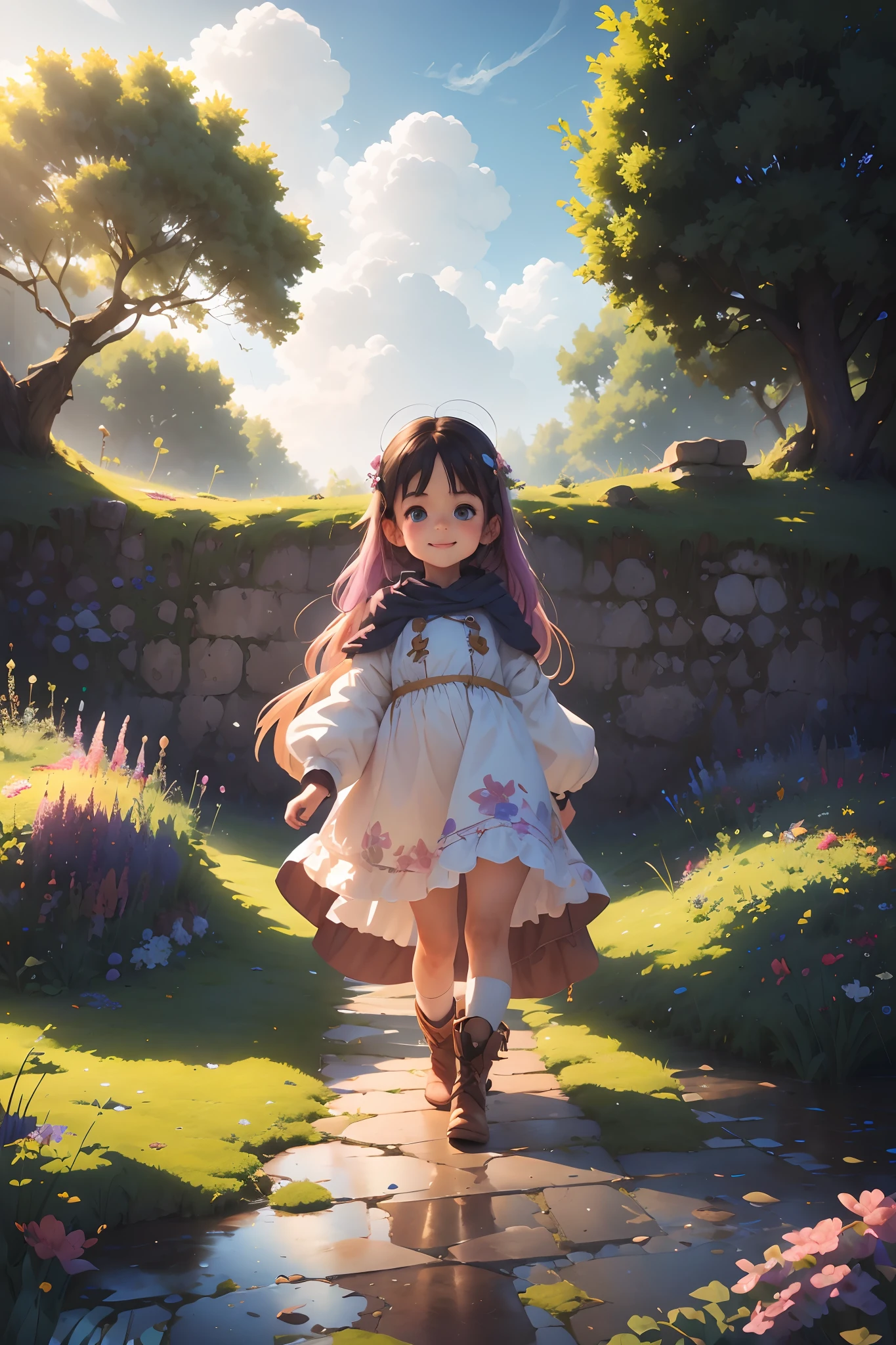 Best quality, (Masterpiece:1.2), illustration, absurderes,  (1girll, Solo), (Beautiful detailed girl),, Aeolia, Lilac hair, long whitr hair,  cheerfulness, cheerful big breasts,  shift dresses, coat large, (fantasy:1.1) (medieval:1.1) Outfit,, White shirt, brown shorts, Fleece-lined boots, Brown boots,, a magical forest, Flowers, Fairy ring, Ancient ruins, Stone ruins, Lake, sky, Clouds