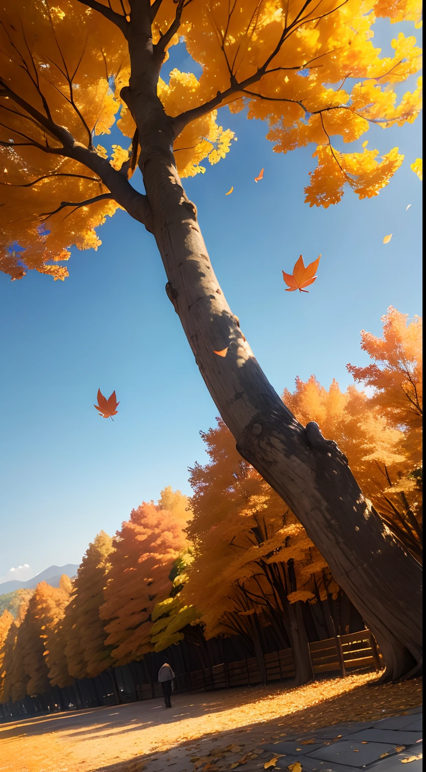 The golden fallen leaves fluttered in the breeze, and the branches were covered with plump fruits. The sky is azure, and sunlight falls on the ground through the leaves, giving people a warm and peaceful feeling. The scenery of autumn is picturesque and poetic, making people feel relaxed and happy.