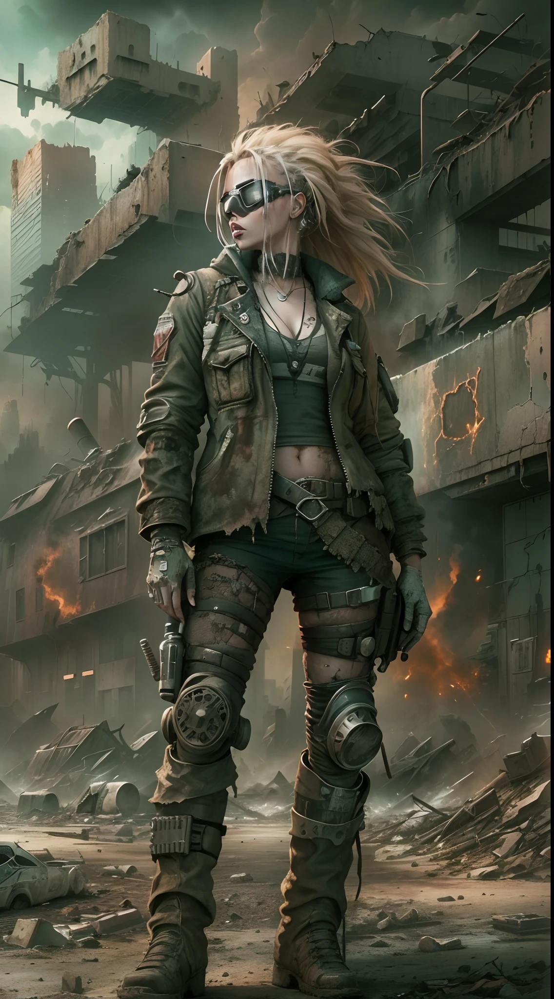 (((post apocalyptic city, Desolate atmosphere, Dystopian landscape))) Postmodern wasteland punk style singer,Jet flame