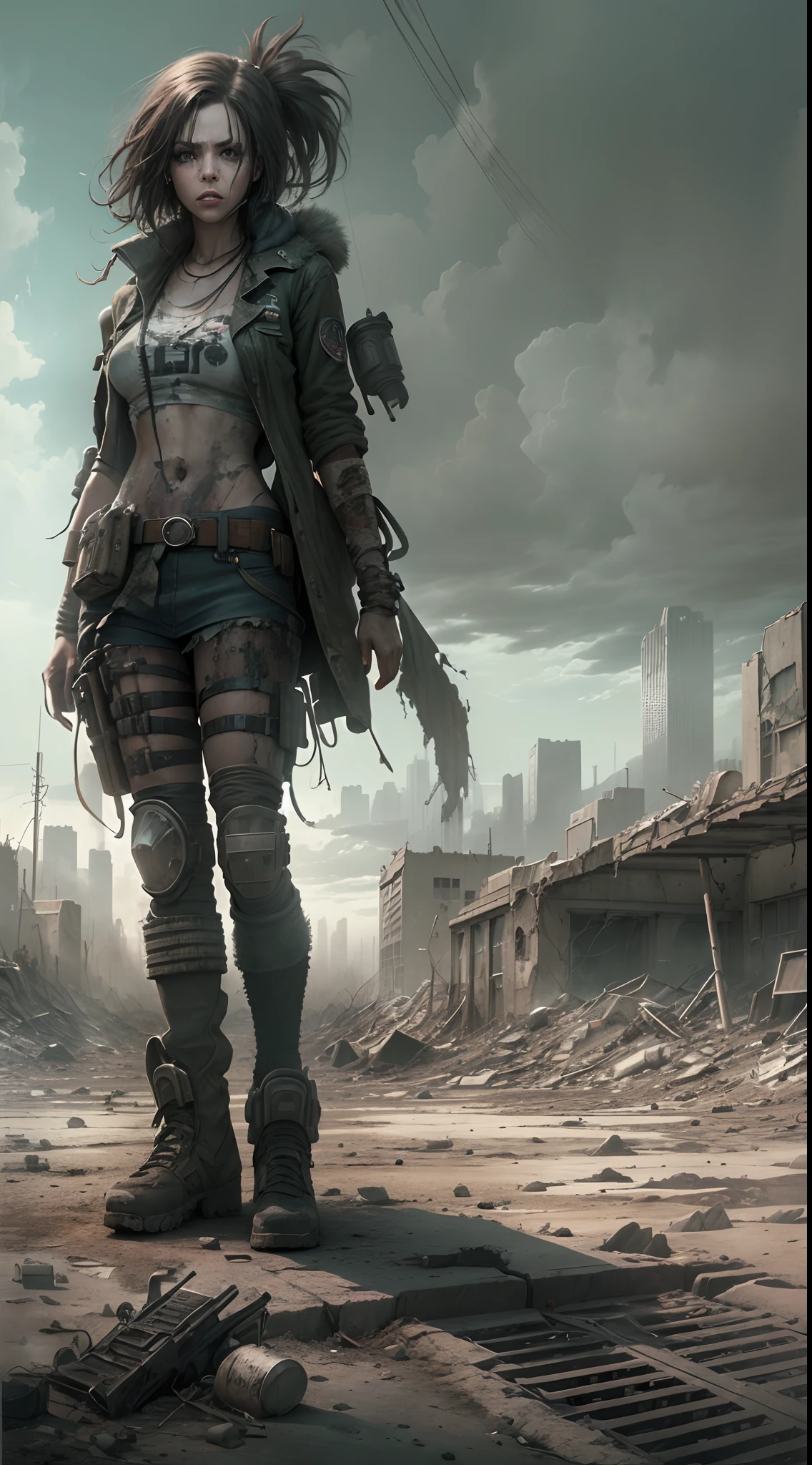 (((post apocalyptic city, Desolate atmosphere, Dystopian landscape))) Postmodern wasteland punk style singer,Jet flame