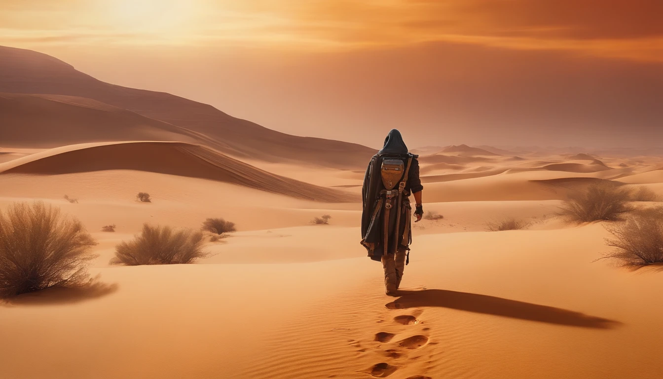 A wanderer walking in the desert, cyber punk style, best qualityer, Master parts, 超高分辨率, (Realistic photography:1.4), ultra-realistic realism, Similar to a dream,fusionart，Leave bloody footprints