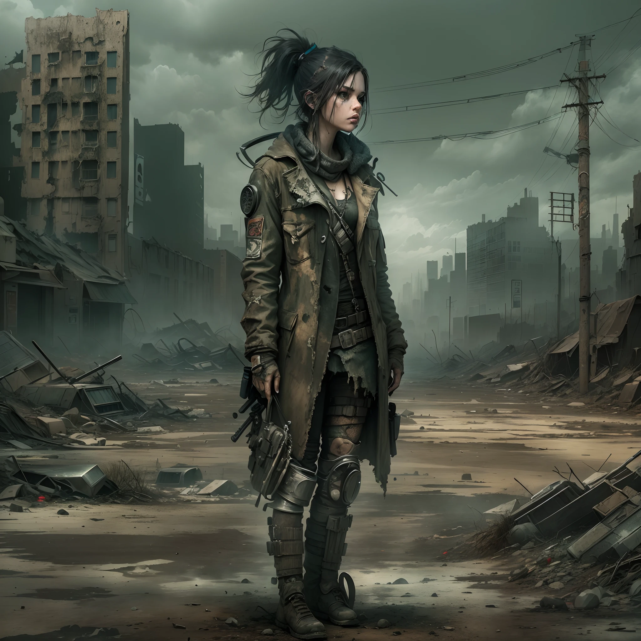 (((post apocalyptic city, Desolate atmosphere, Dystopian landscape))) Postmodern wasteland punk style singer,Jet flame
