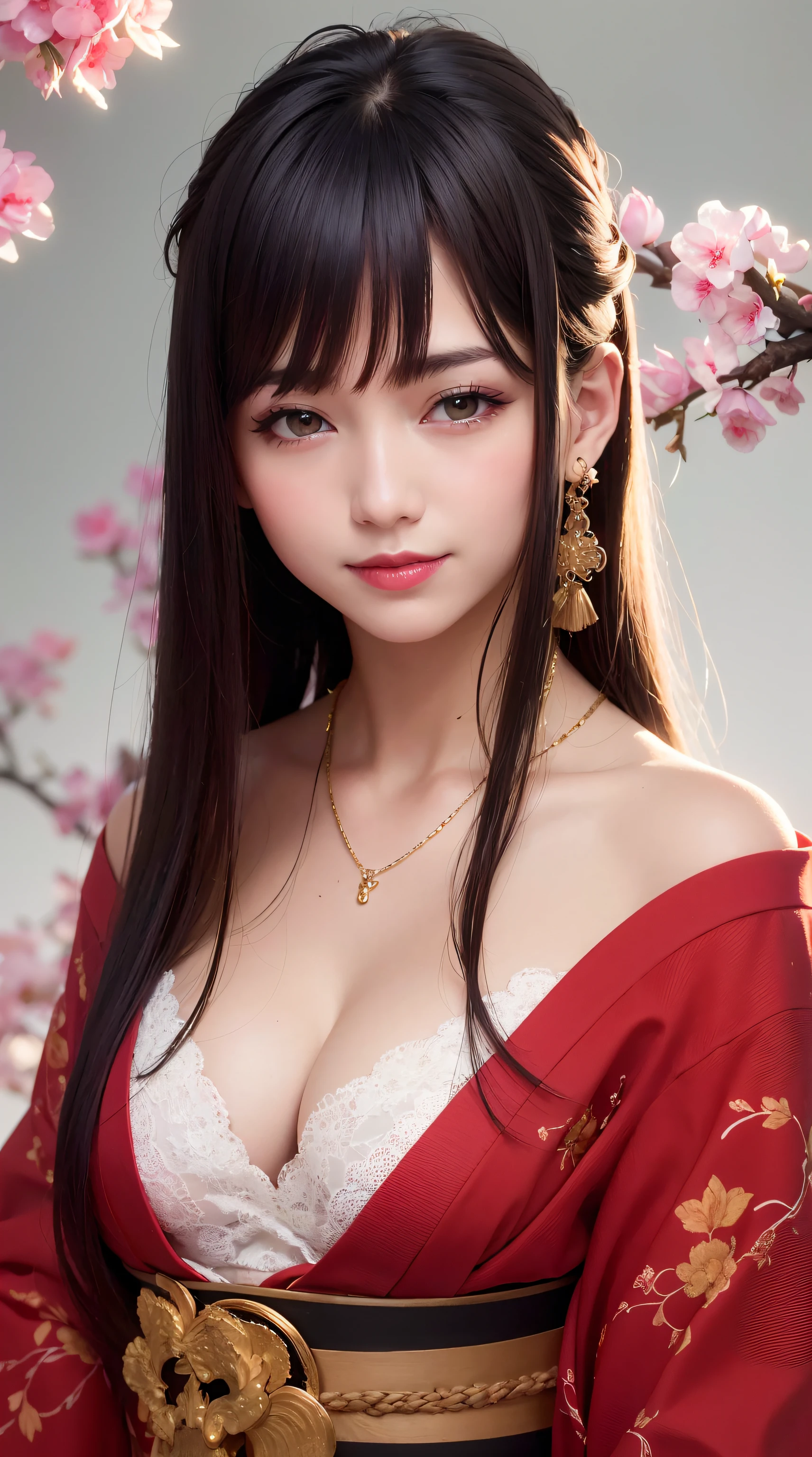 best quality, masterpiece, ultra high res, RAW, 8k, ultra-realistic, woman, offshoulder, smile, natural light, detailed skin, (black hair:1.4), red lipstick, (Bangs:1.2), ((Sakura Background)), extremely beautiful eyes, wearing kimono_clothes, Red Kimono