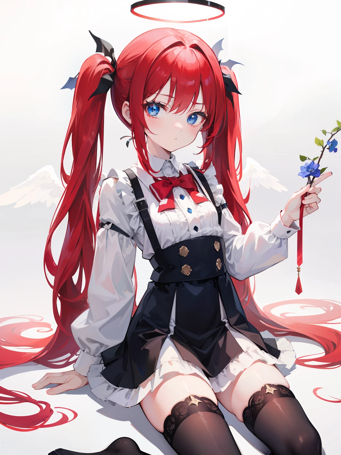 Red hair,Blue eyes,Twintails, Long hair, Solo, Loli, Black stockings,{{Best quality}}, {{Masterpiece}}, {{Ultra-detailed}}, {illustration}, {Detailed light}, {An extremely delicate and beautiful},Little girl,Cute,Angel, halo