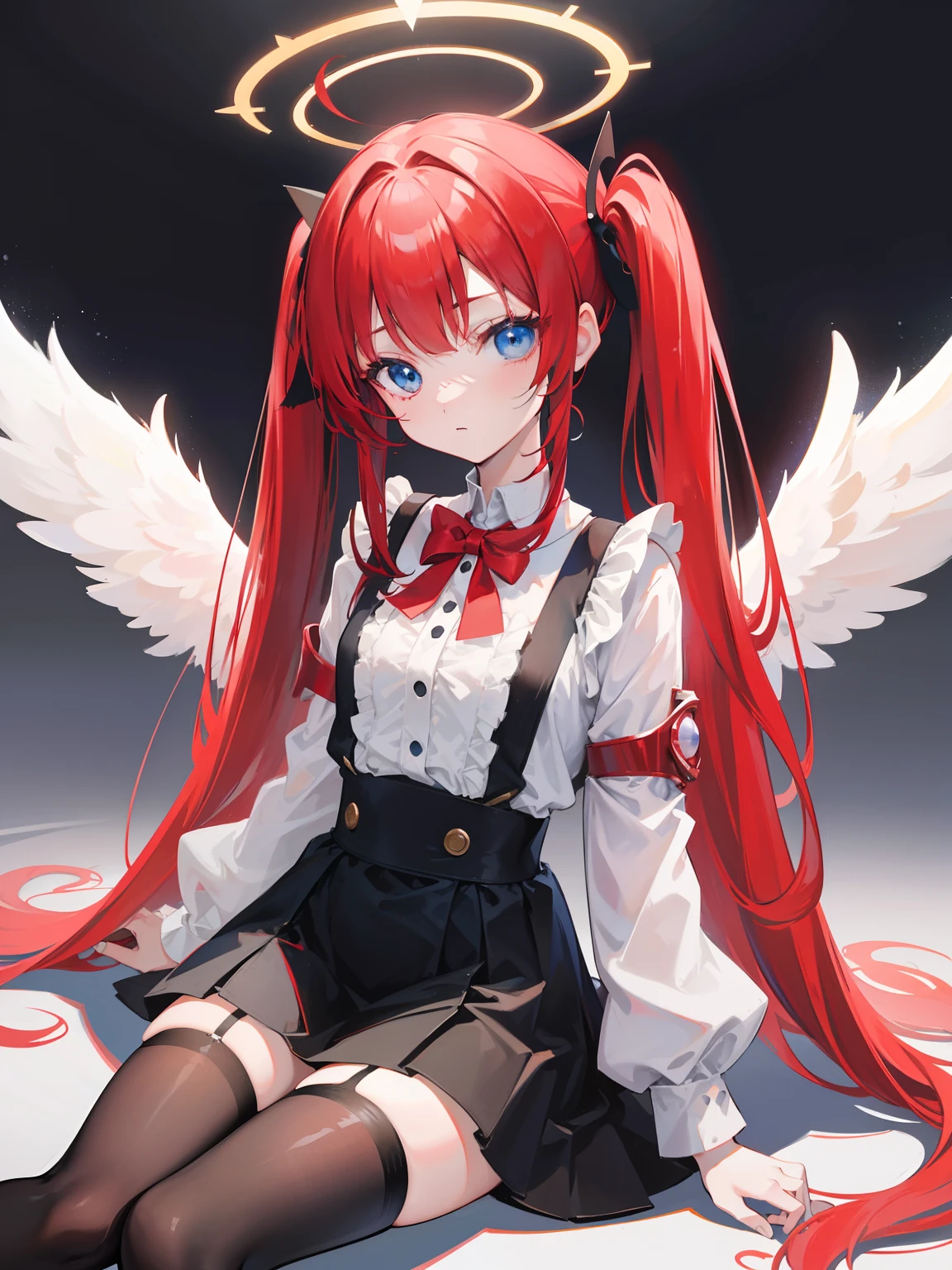 Red hair,Blue eyes,Twintails, Long hair, Solo, Loli, Black stockings,{{Best quality}}, {{Masterpiece}}, {{Ultra-detailed}}, {illustration}, {Detailed light}, {An extremely delicate and beautiful},,Cute,Angel, halo