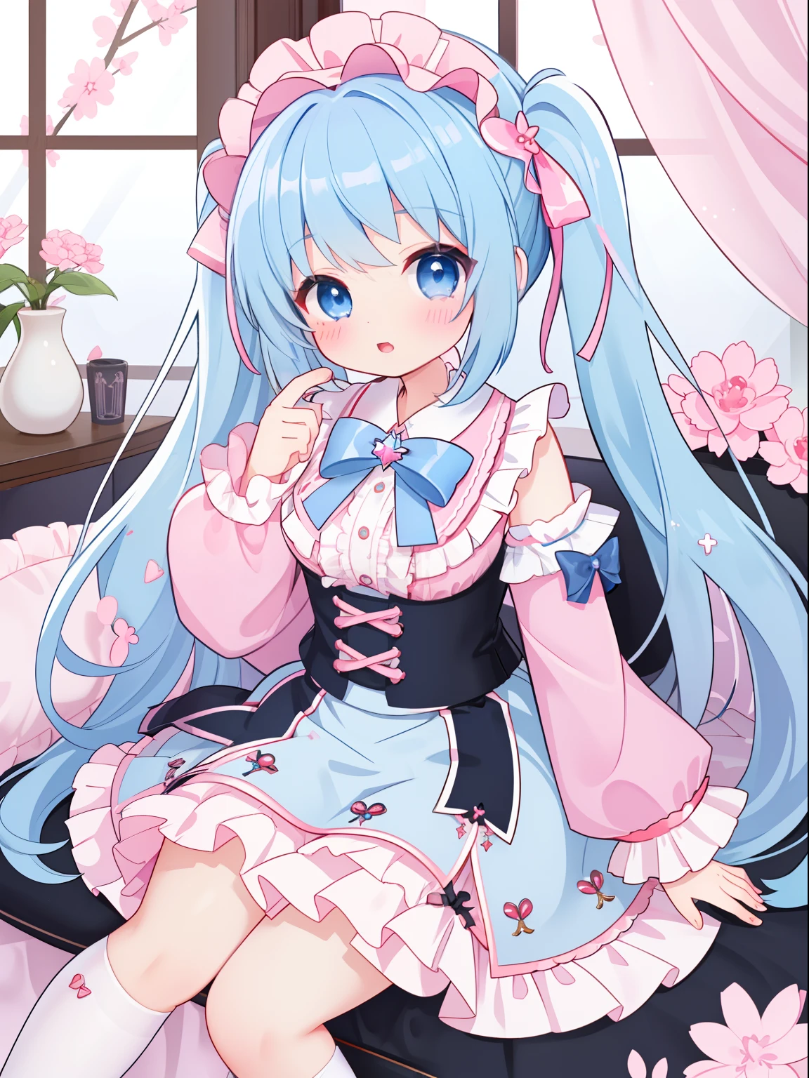 extremely detailed CG unified 8k wallpaper, very fine 8KCG wallpaper, absurderes，Lori ，Best Quality ，ultra-detailliert ，Beautiful face  ，​masterpiece、Show from head to waist、sitting on、top-quality(​masterpiece), top-quality, lightblue hair、Very low twin tails、lightblue hair, pink Lolita Clothes、light blue  eyes、cute little、​masterpiece、top-quality、Top image quality、Inside the building,