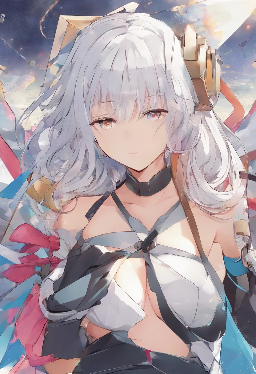 Lori huge breasts cleavage,Origami kite,expressiveless,Robotic arm,Immortal clothing,with short white hair,full bodyesbian,Stand up,mechs