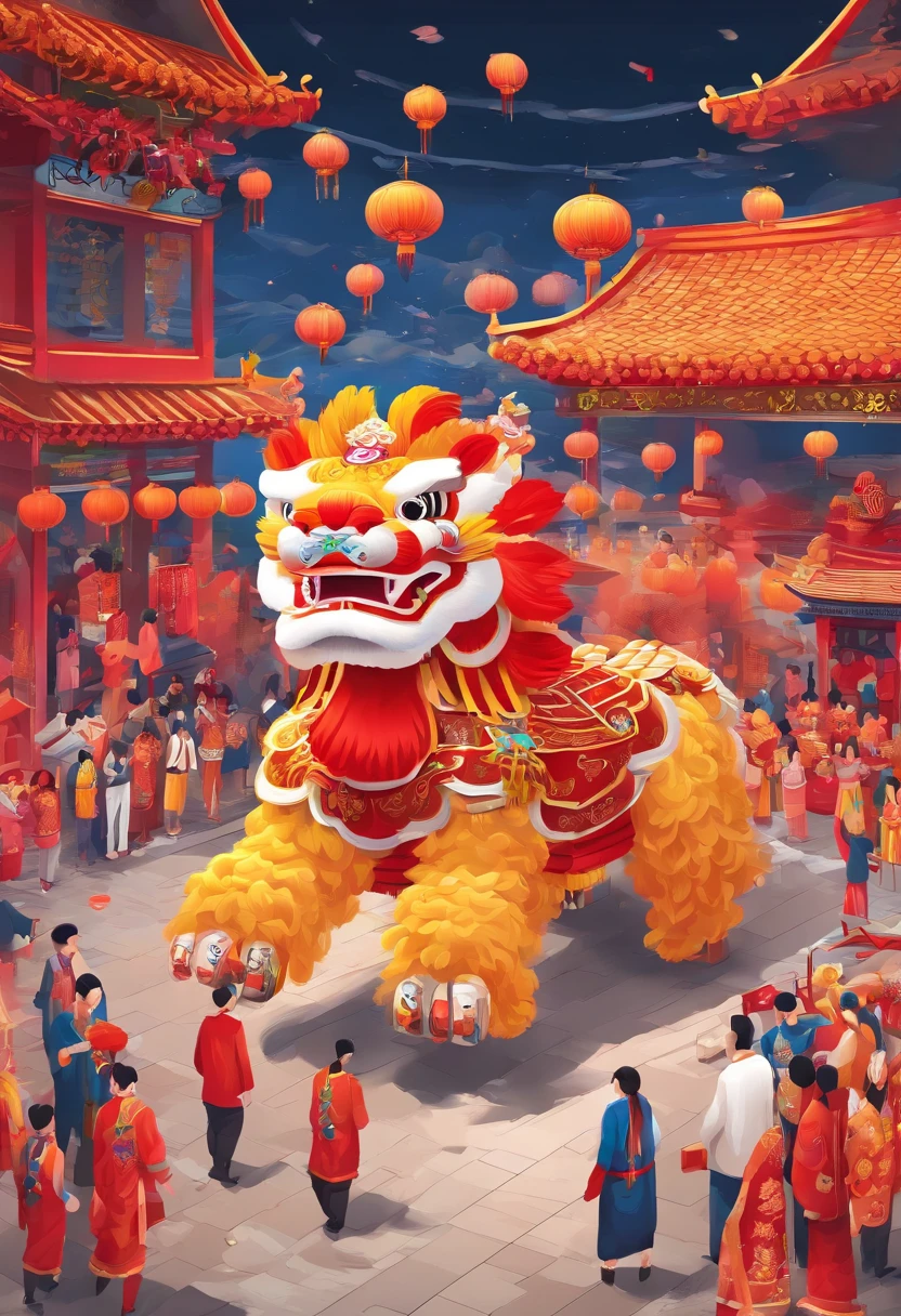 lion dance, depth of fields,jubilation, festivity, exhilarated, Streamers
