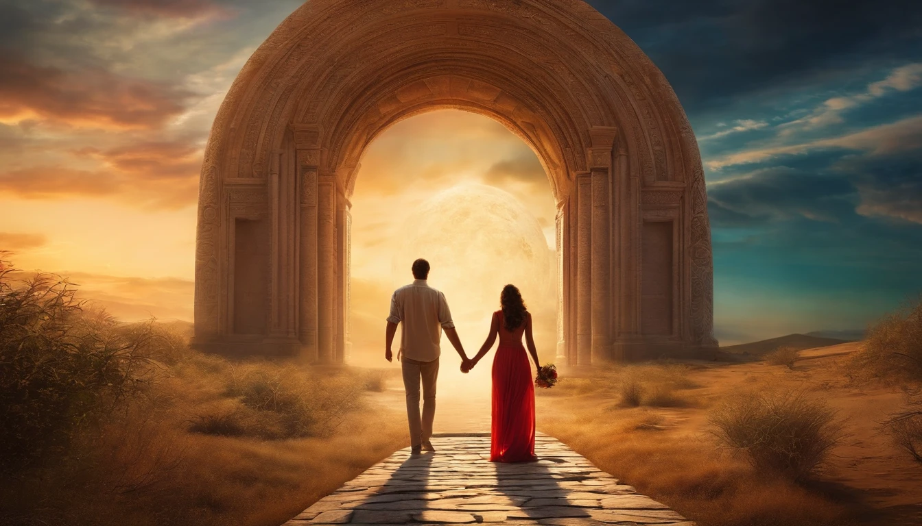 Man holding hands with woman heading towards the portal of eternity where a new paradisiacal world can be seen. Ultra realistic photography.