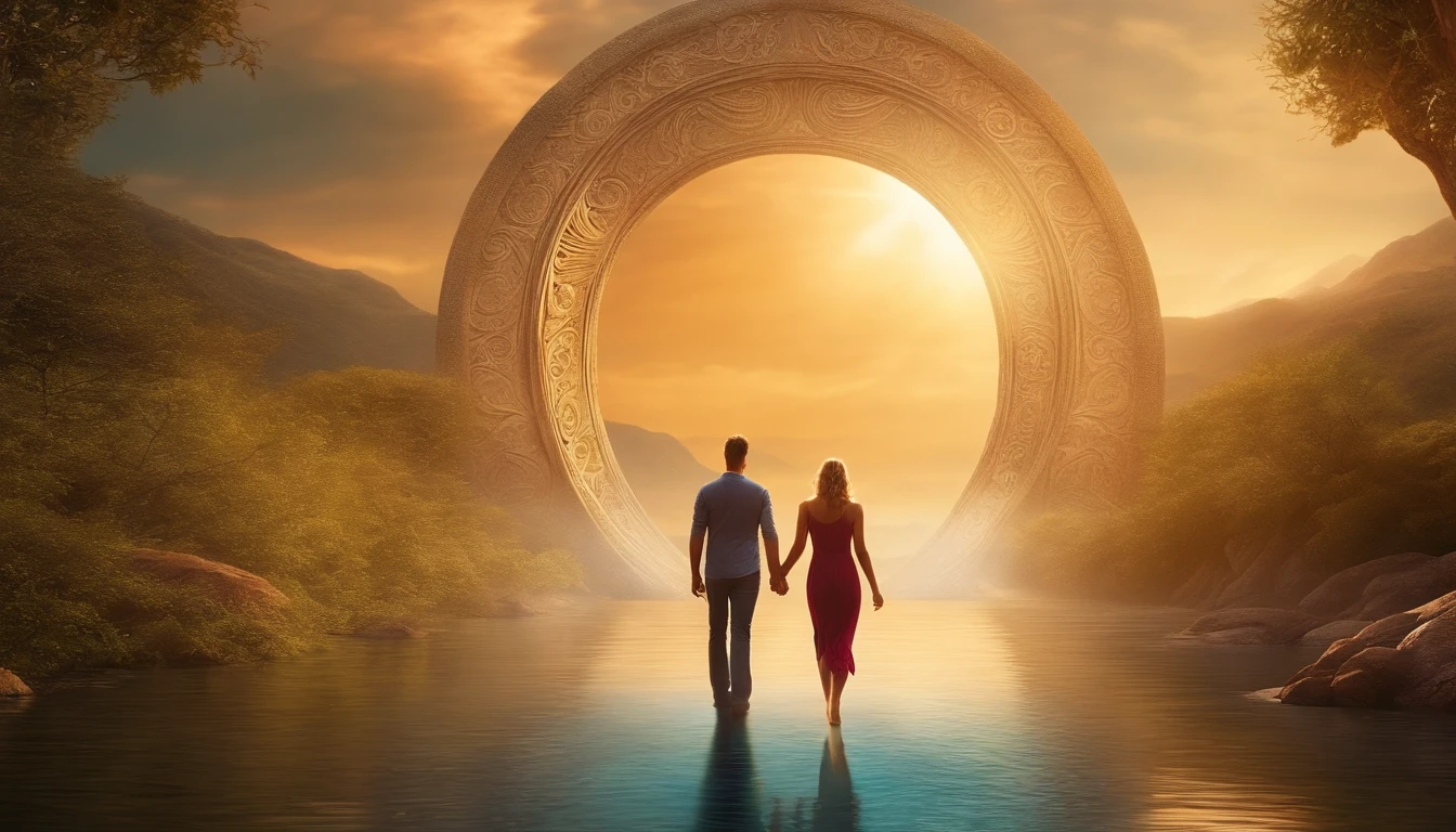 Man holding hands with woman heading towards the portal of eternity where a new paradisiacal world can be seen. Ultra realistic photography.