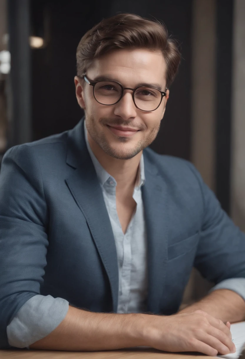 Portrait photo of a male architect photo of the full body, wearing glasses, working on a desk making drawingsDes yeux parfaits, Porter un manteau mecha minable, ((Light Bokeh)), complexe, (steel metal [se reposer]), elegant, mise au point nette, photo par Greg Rutkovsky, softlighting, couleurs vives, Masterpiece, (rue)), Detailed realistic smiling face,