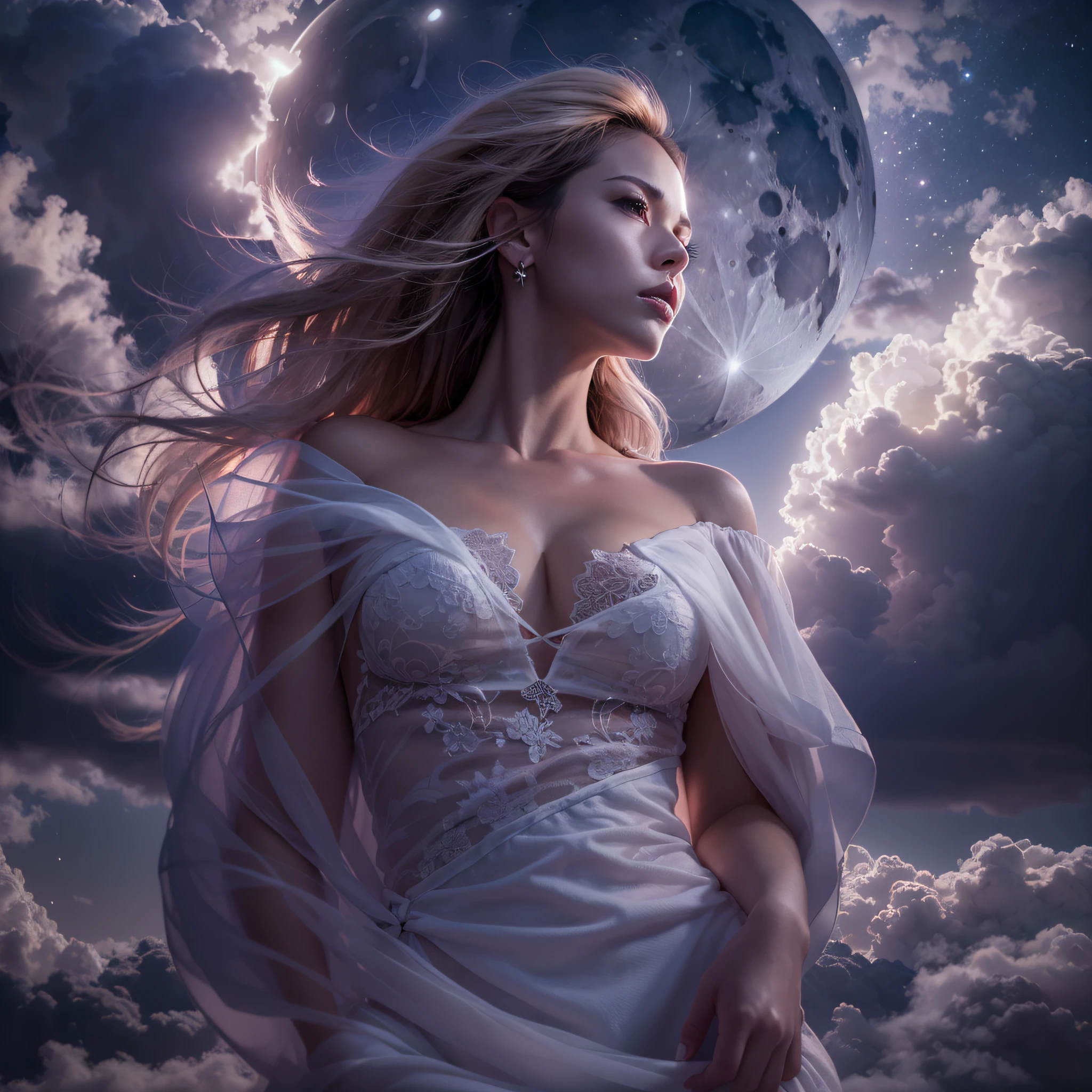 masutepiece, Raw photo，Photorealism，High resolution，Best Quality，High Definition, Perfect composition, Perfect face, Perfect body, 16 K，Cinematic lighting，Sexy goddess pleasing her god in heaven. on clouds, Night, The moon illuminates the scene, a gorgeous，Realistic