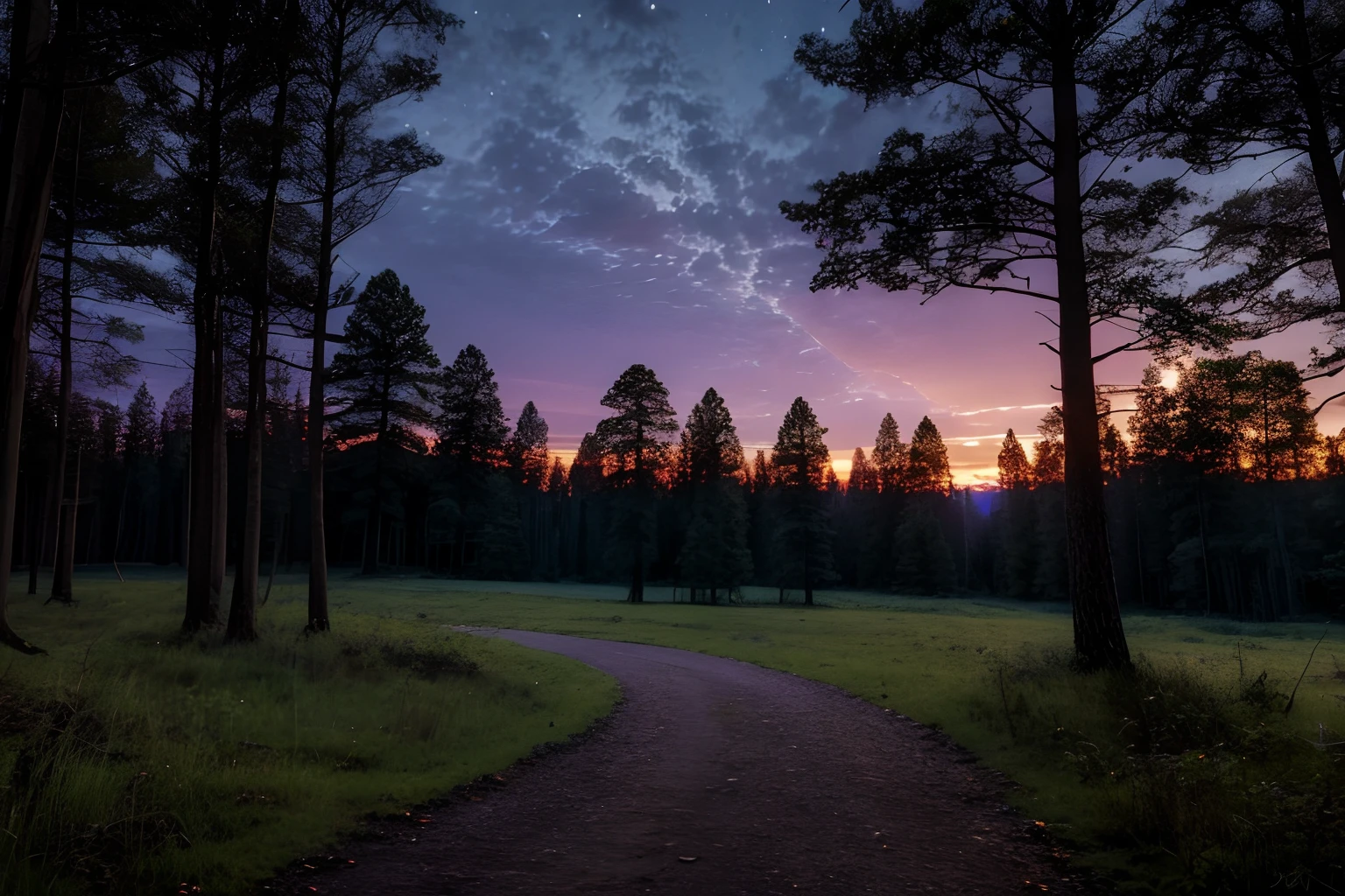 The twilight hours envelop the forest like a comforting embrace, as the sun orchestrates its serenade in hues of indigo and amethyst, promising that the night will hold its own enchantments, —ar 5:7 —s 1000