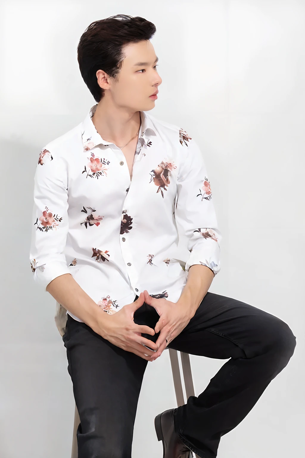 a man sitting on a stool wearing a white shirt with a floral print, wearing a white button up shirt, wearing in shirt, wearing white shirt, wearing a white shirt, with a white background, floral clothes, white trendy clothes, wearing a shirt, modern casual clothing, wearing a light shirt, white shirt, shirt, casual modern clothing, handsome and attractive