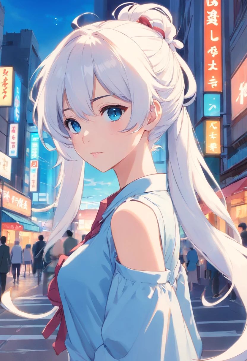White color hair,Double ponytail curls,blue color eyes,White Lolita,Beth,A bustling city street