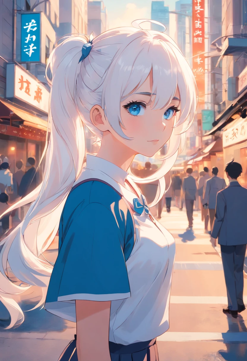 White color hair，Double ponytail curls，blue color eyes，White Lolita，Beth，A bustling city street