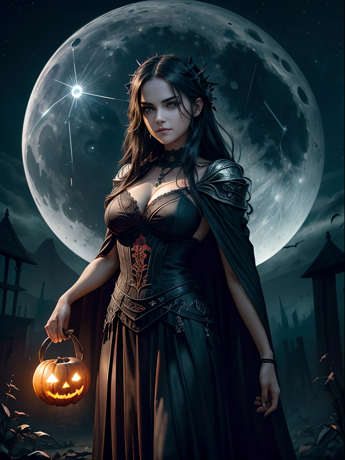 (best quality), (top quality), (dark), (whole body), (melancholy), (sadness), (agony), (terror), (horror), (warm and vibrant colors), (bright) ((Selena Gomez:Emma Watson:0.8)), adult woman, sexy woman, wearing halloween mask, holding a blood-stained chainsaw, Halloween pumpkin in the background, dangerous expression on her face, blood strain on her face killer look, sexy body, (breast 1.2) (scary look), (nasty smile on her face but her eyes aren't smiling:1.3), (He is holding an old lantern in one hand: 1.5), (There are many small jack-o-lanterns around, emitting a faint glow: 0.8), (There are many mysteriously shining Will-O-The-Wisps around: 1.8), (Wears a dark black robe with intricate patterns:1.4), (Eyes that glow red in the dark), (Dramatic Light), pumpkin field, (A majestic sight), (Magic Circle of Ominous Shine:1.6), A frightening face that intimidates those around you, (Behind the shoulders is a ragged black cloak with modest but rich embroidery:1.3), (whole body image:1.7), sharp long claws, (Followed by Skeleton Reaper: 1.4), (((dramatic photo))), (twilight), (sunset), (dark night), ((dramatic pose)), (flamboyant photo), (The stars are shining in the sky and the full moon is out:1.4), ((looks up)), ((looking down)), (draw the whole body:1.7), (Around her neck is a simple necklace of exquisite workmanship), Forgotten Tomb Overgrown with Vegetation, Great Tomb, Underground Labyrinth, Evil Temple Ruins, Sacrificial Temple, Mysteriously, Ancient Castle Ruins, Deserted Graveyard Ruins, Crumbled Ancient Tomb, Stagnant Water Ancient Ruins, Swamp Ruins, Shining majestic cloud masses and sky, lightning bolt, epic realistic, faded, art, (Greg Rutkowski:0.8), (teal and orange:0.4), (art station:1.5), cinematic, ((neutral colors)), (hdr:1.5), (muted colors:1.2), hyper detailed, dramatic light, (intricate details:1.1), complex background,