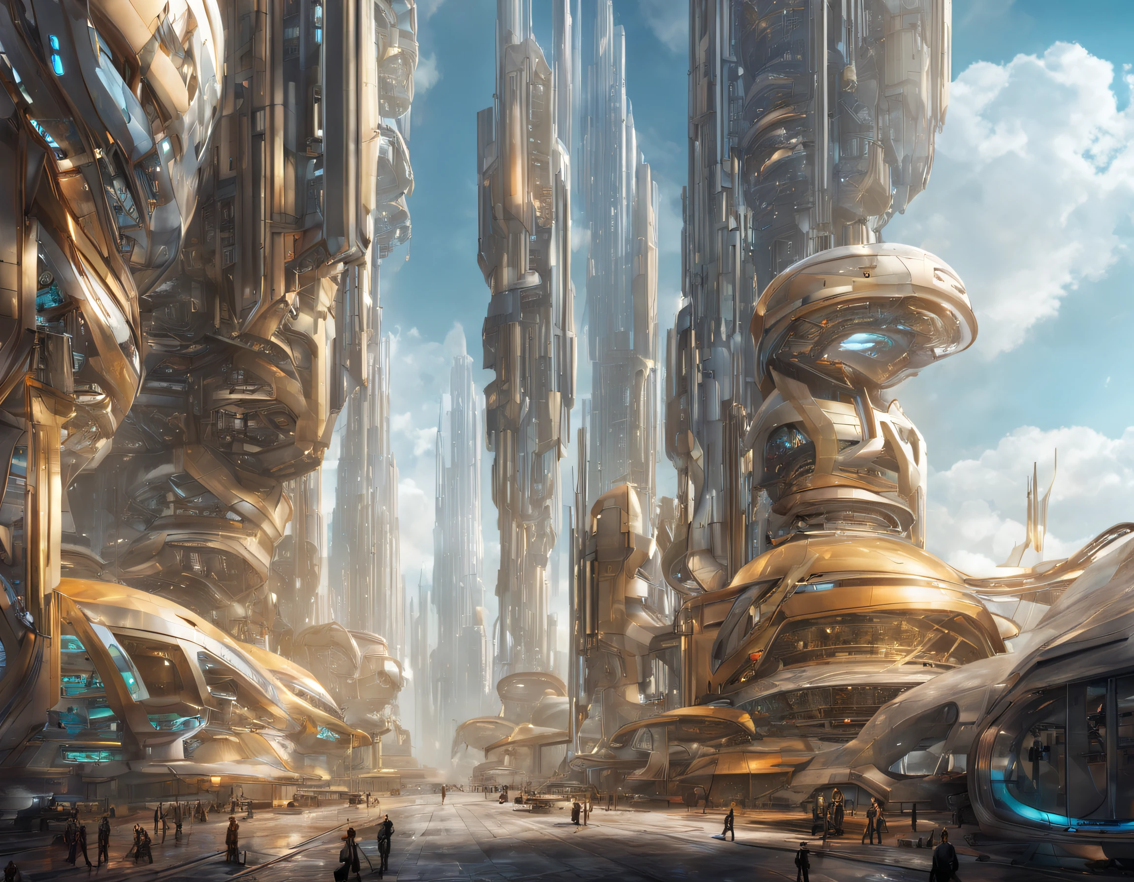 On an unknown planet there is a futuristic city with immense buildings of technological design, con estructuras acristaladas en plata, oro y bronce espectaculares en la que sobrevive un robot femenino espectacular. con colores vivos. pavimento ensolado.