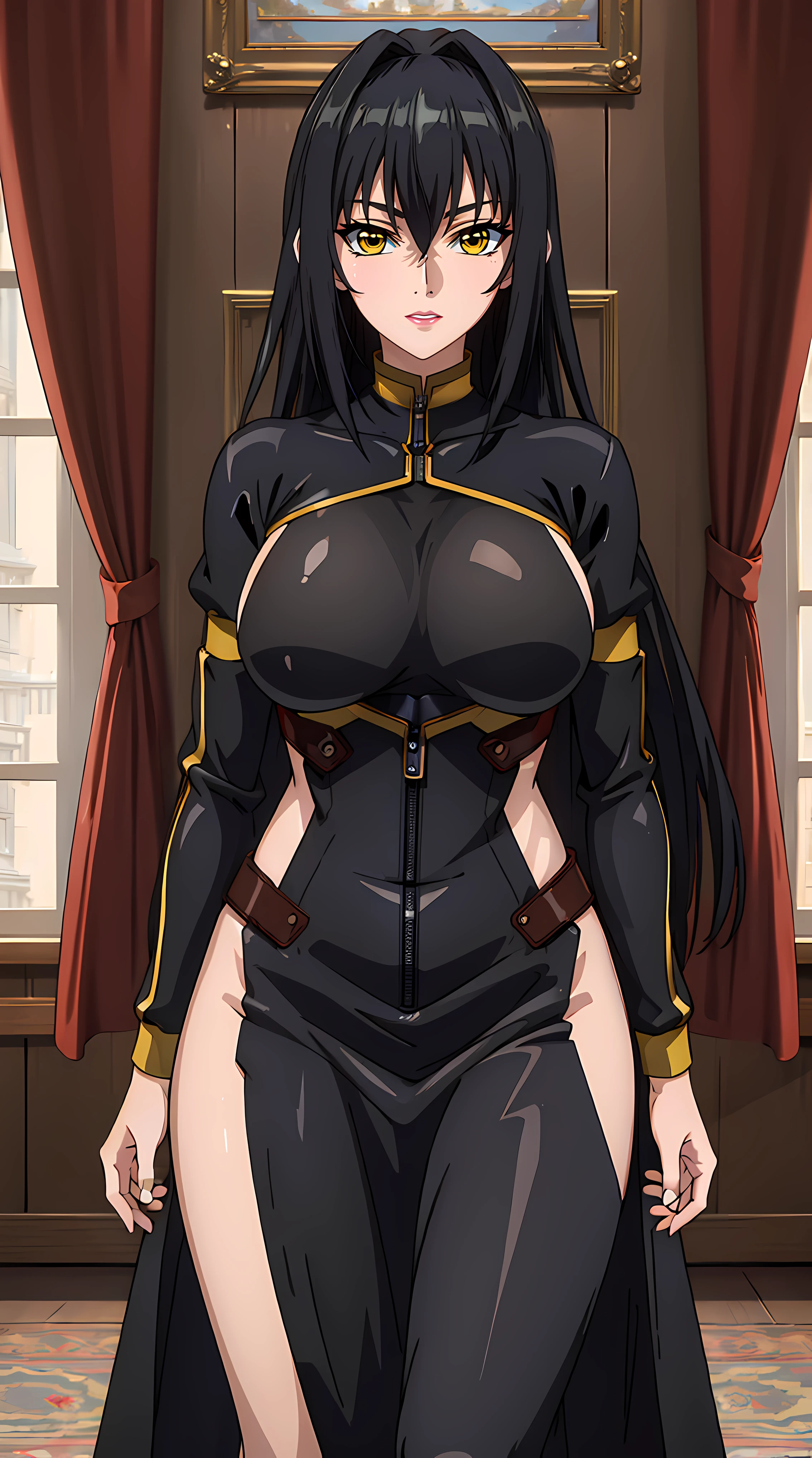 (masterpiece:1.4),(best quality:1.4), soft lighting, cinematic bloom, beautiful face, beautiful eyes, cowboy shot,
Annerose, 1girl, solo, female mature, black hair, long hair, yellow eyes, large breasts, bodysuit, black outfit, higheels, shiny clothes, skin tight, hair intakes, covered breasts, sideboob, extremely detailed character design CG unity 8k HDR, beautiful character design,