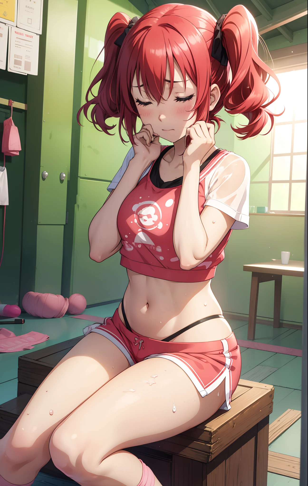 Kurosawa ruby,pink Crop top, twintails ,white tight shorts ,soaked in sweat,sweaty, heavy breathing,red face,blunt hair, string thong bikini,whale tail ,thong,on knees, closed eyes