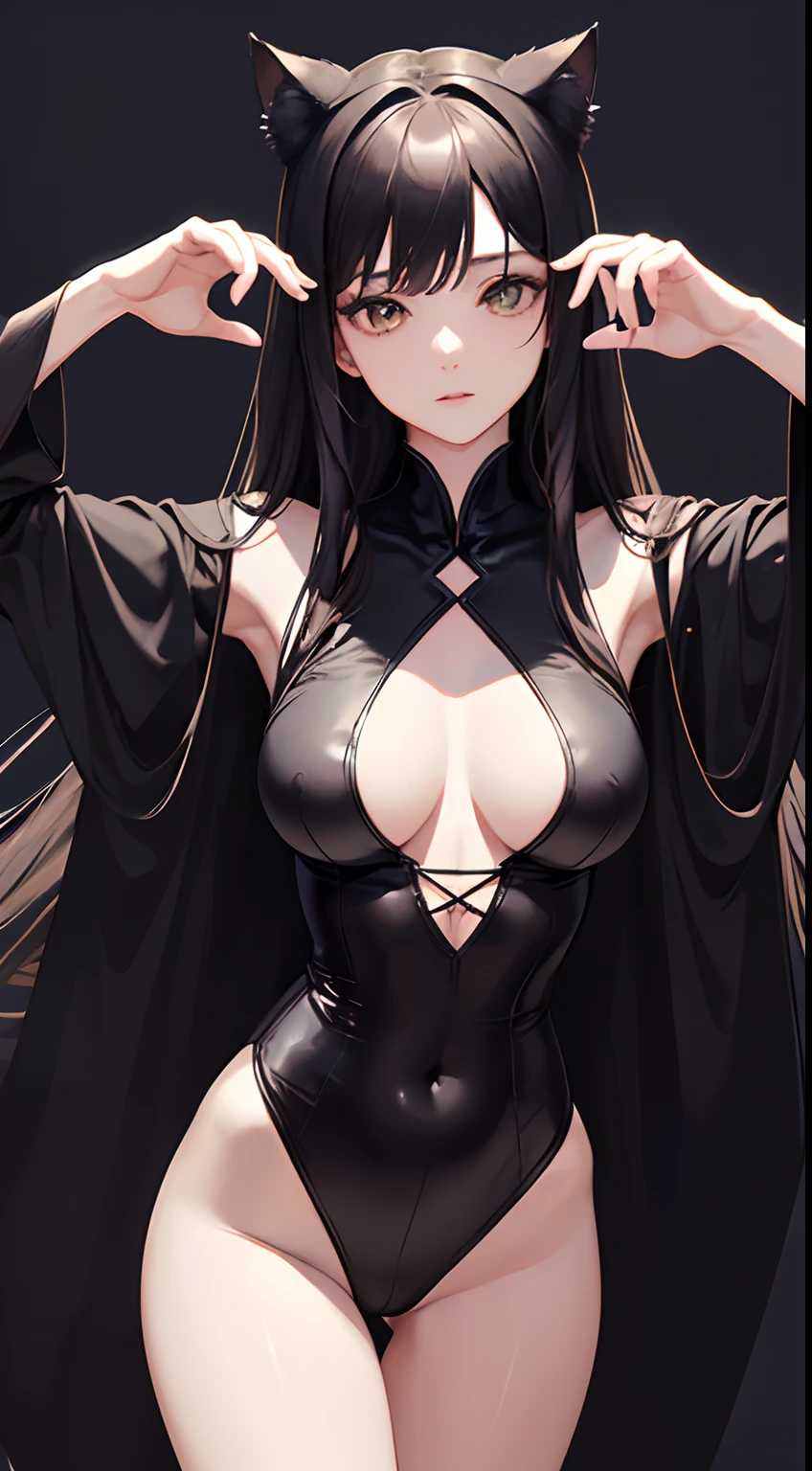 ((top-quality, masterpiece, hight resolution)), ((Realisticity)),ciinematic light、dark backgrounds、softlight、Adult Woman, Black hair, Black Cat Costume, slender, Full body skin tight clothes, toward to the camera, Transform into a cat、(Nothing background)、