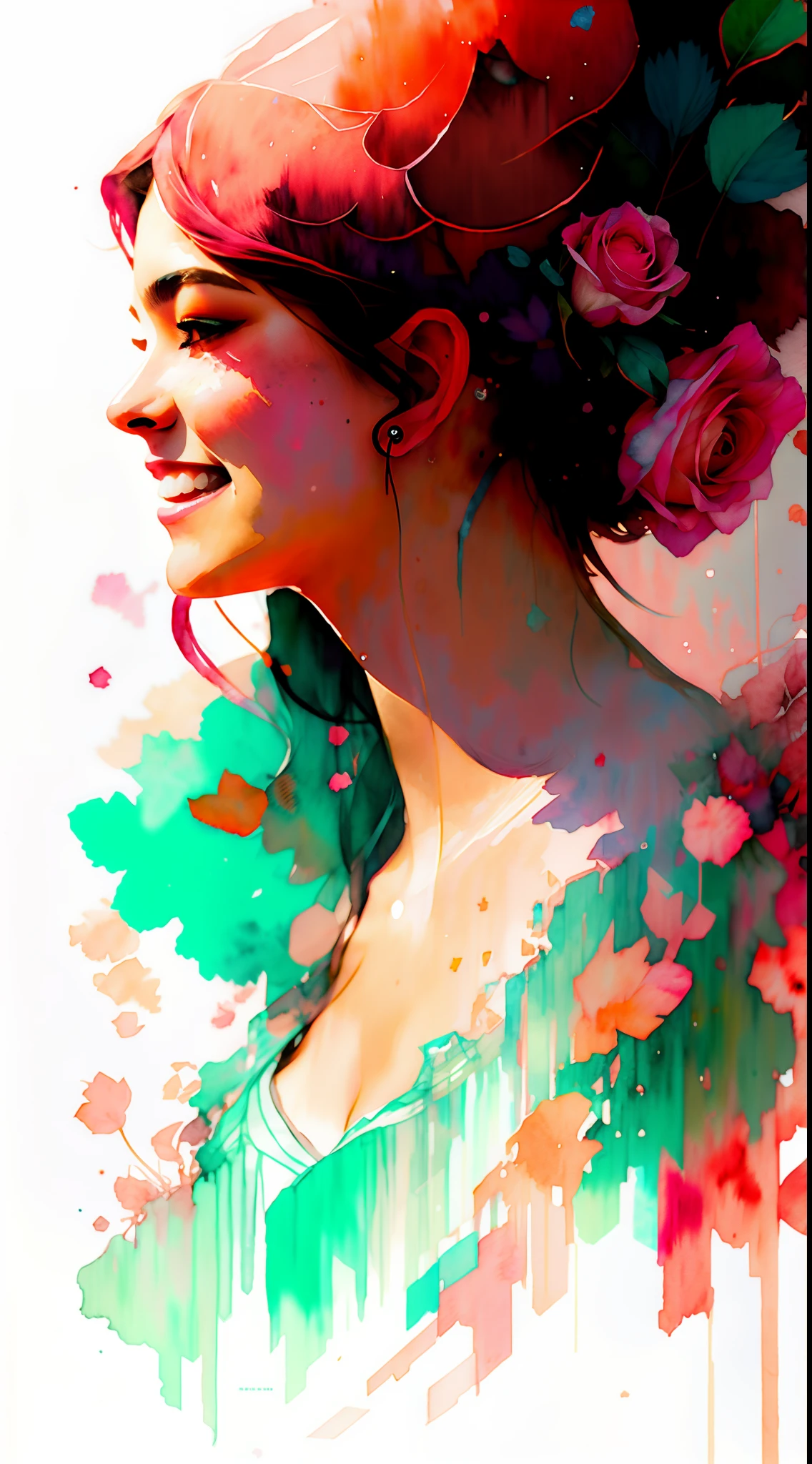 wtrcolor style, (rose) digital art, official art, blown by the wind, masterpiece, beautiful, smile, frontview,((watercolor)), paint splatter, intricate detail. Great detail, [dripping:0.7], Trending on Artstation, Rachel Walker, beautiful european woman, front view