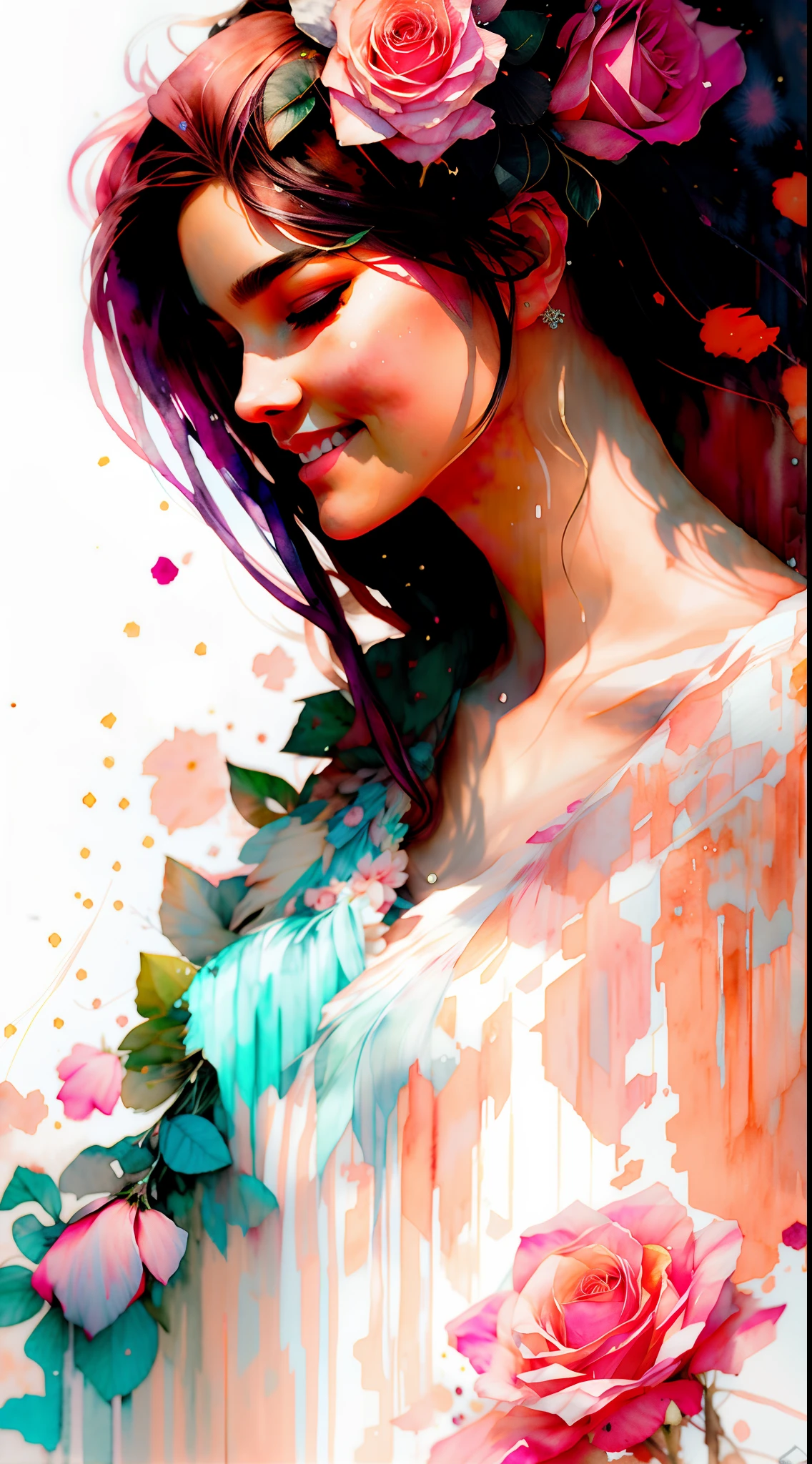 wtrcolor style, (rose) digital art, official art, blown by the wind, masterpiece, beautiful, smile, frontview,((watercolor)), paint splatter, intricate detail. Great detail, [dripping:0.7], Trending on Artstation, Rachel Walker, beautiful european woman, front view