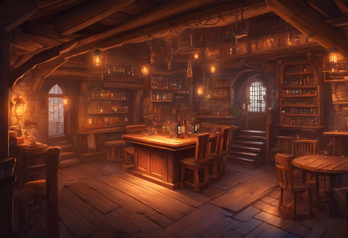 absurderes, Best quality, fantasy, isometry, Norlin style (Inside the miniature wooden bar:1.2), wood, a chair,A table,dual,pub,stairways,A table, (Simple background:1.2)a multidimensional cozy tavern, highly detailed concept art, Fantastic tavern setting, Complex and detailed environment, beautiful detailed concept art, Color concept art, High rendering.Illustration of a room with stairs and table, a multidimensional cozy tavern, highly detailed concept art, Fantastic tavern setting, highly detailed concept art, highly detailed concept art, tavern background, detailed conceptual drawing, concept-art!, Inside the tavern, concept-art!!, Complex and detailed environment, beautiful detailed concept art, Color concept art, concept-art ， High rendering,4K,concept-art