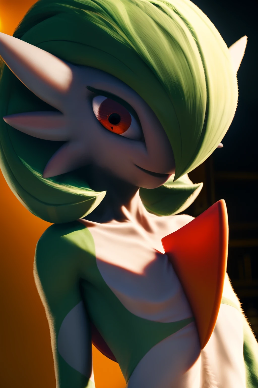 ((realistic)), ((photorealistic)),((high-res, masterpiece, best quality, cinema lighting)), masterpiece, best quality:1.2), upper body, solo, masterpiece, best quality, 4k, photograph, cinematic, modelshoo ,ultra realistic 8k cg, masterpiece, ((ultra detailed background, delicate pattern, intricate detail)), (highly detailed, fine details), best quality, (photorealistic:1.4), absurdres, RAW photo,masterpiece, best_quality, ((1girl 1.3)), solo, ((gardevoir 1.4)), creatures \(company\), game freak, nintendo, pokemon, pokemon \(game\), bangs, colored skin, female focus, gen 3 pokemon, green hair, green skin, hair over one eye, multicolored skin, pokemon \(creature\), red eyes, short hair, two-tone skin, white skin, (drunkoak:0.8), soft smile, eyelashes