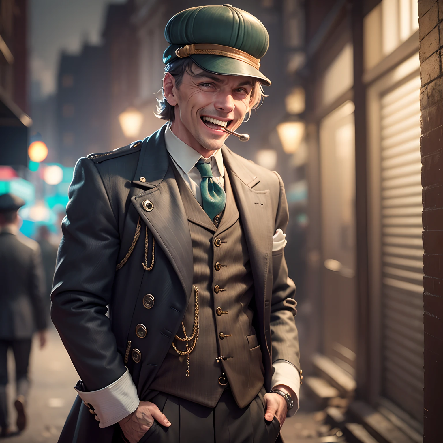 photo of (TCr3ws:1), a man as a Peaky blinder, (laughing with bare teeth:1.3), (face focus), modelshoot style, (extremely detailed CG unity 8k wallpaper), Intricate, High Detail, Sharp focus, dramatic, photorealistic painting art by midjourney and greg rutkowski , (walking on the slums of London), (wearing a peaked cap:1.1), (detailed pupils:1.2), (dinamic pose:1.2), (Peaky Blinders:1.2), (holstered gun), (hands on hips:1.2), (closeup:1.1)