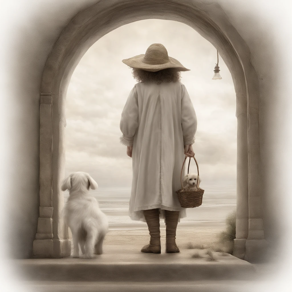 Draw a doll holding a Maltese puppy, Brian Froud, Juan Gimenez, anton semenov, The style of Emil Melmos, Jean Baptiste Monge, brian froud style, Alex V. Dorgih,Mark Leyden style art germ