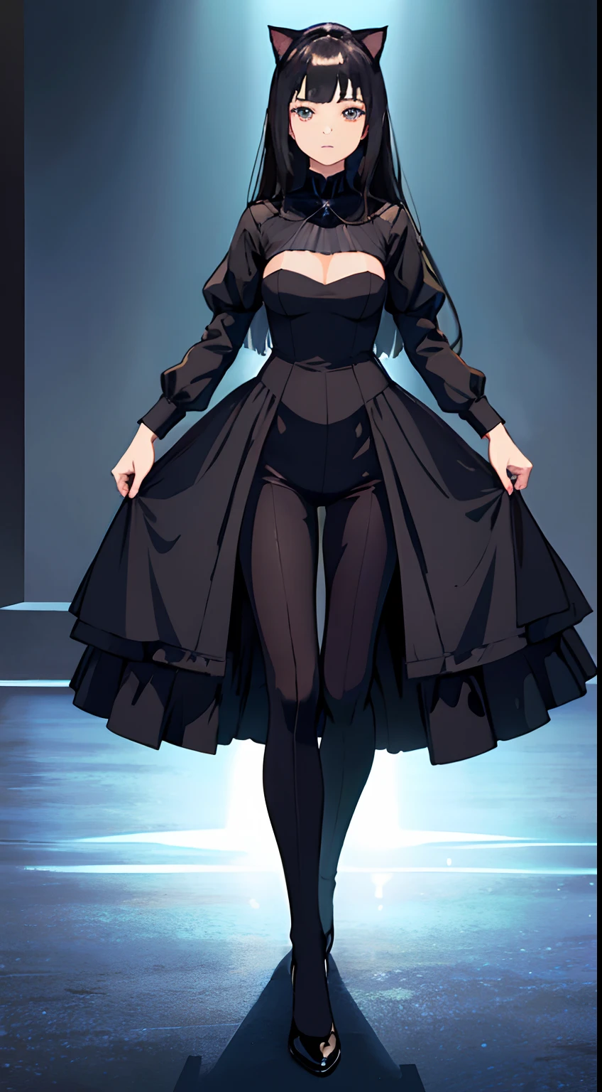((top-quality, masterpiece, hight resolution)), ((Realisticity)),ciinematic light、dark backgrounds、softlight、Adult Woman, Black hair, Black Cat Costume, slender, Full body skin tight clothes, toward to the camera, Transform into a cat、(Nothing background)、