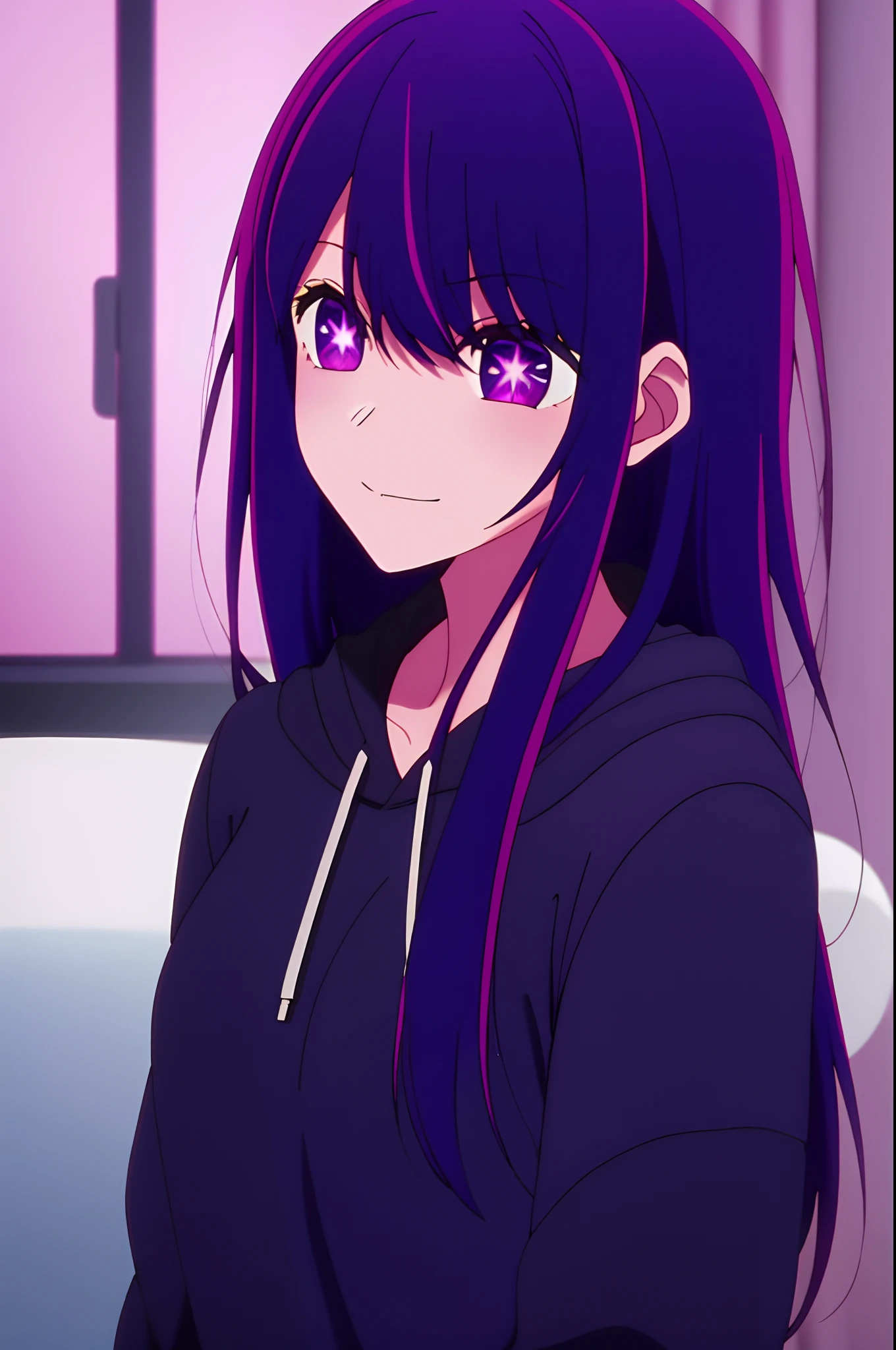 best quality, purple color hair, purple eyes, in a black hoodie, cute girl, hard breast, at home