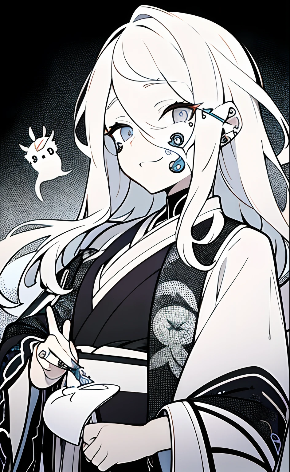 (realisticlying:1.3), tmasterpiece, best qualtiy, (complexdetails:1.2), (scenecy:1.3), beauitful face, (Black Themes:1.3),
(((1girll,Girl in patterned kimono,With a dagger in his hand,(Look at Vivier:1.3),(Facial tattoos:1.3),Little Ghost Corner,
))),full bodyesbian,split in half