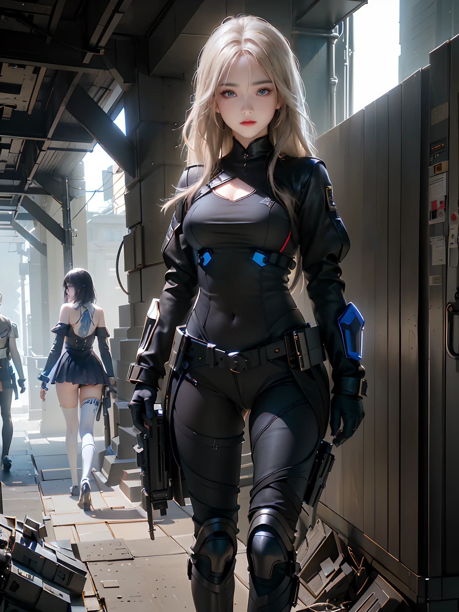 ((top-quality)), (((​masterpiece)), (detaileds: 1.4), 3D, Beautiful Cyberpunk Woman Image, bob cuts, Broken black tights, leather clothes, Electromechanical, nffsw(HighDynamicRange), Ray traching, NVIDIA RTX, Hyper-Resolution, Unreal 5, Sub-surface scattering, PBR Texture, Postprocess, Anisotropy Filtering, depth of fields, Maximum sharpness and acutance, Multilayer Texture, Albedo and Highlight Maps, Surface Coloring, Accurate simulation of light-material interactions, perfectly proportions、octane renderings、two tone lighting、Large aperture、Low ISO、White Balance、thirds rule、8K Raw、​masterpiece、top-quality、(8k extremely detailed CG unit wallpaper)(top-quality)、(The best illustrations)、(Best Shadows), blue eyes, long hair, big titt