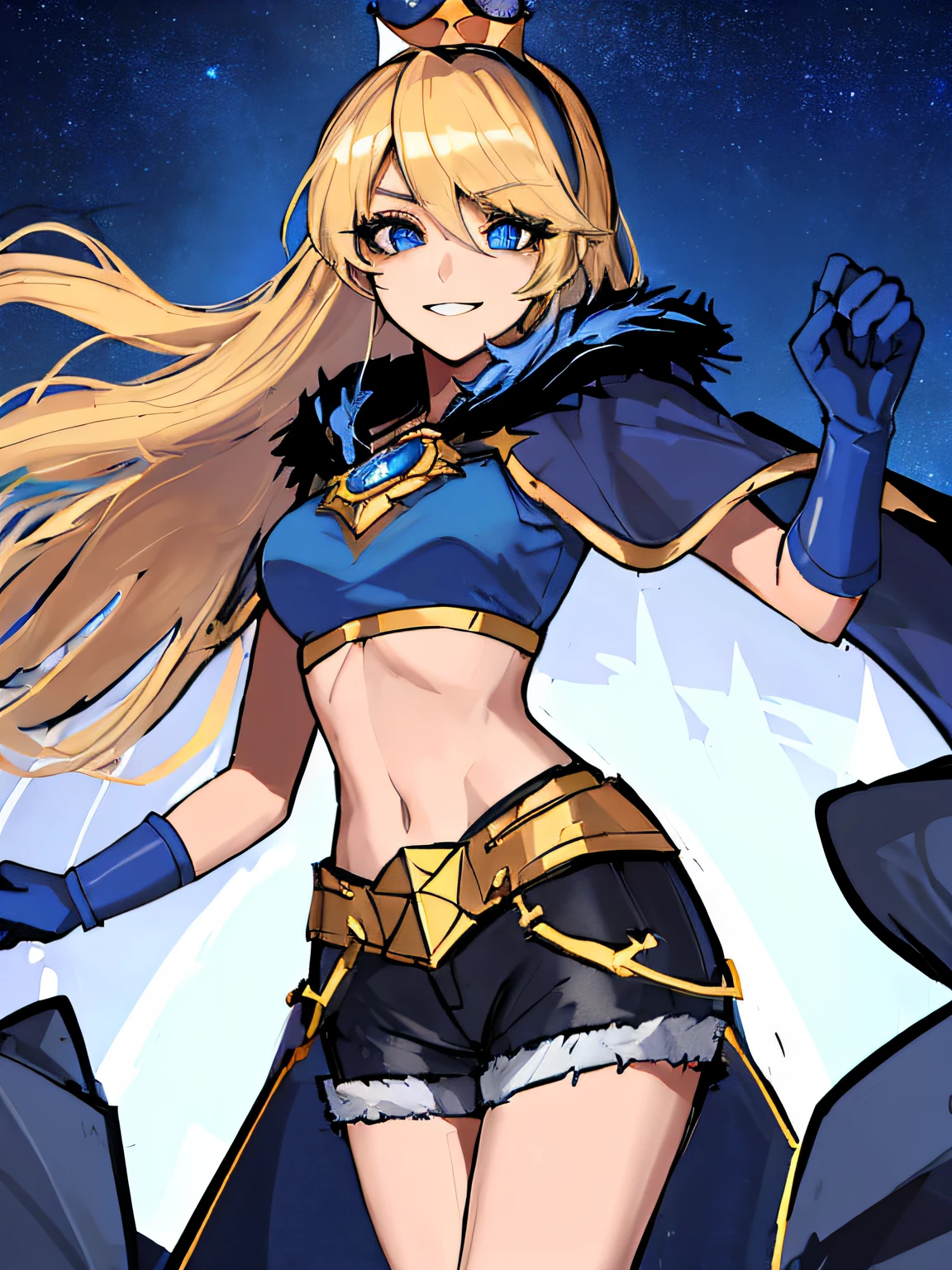 (absurdres, 8k, 4k, masterpiece, hyper extreme detailed:1.2), solo, 1girl, portrait, best quality, expressive eyes, perfect face, 1girl, portrait, solo, Female, mature female, adult, perfect anatomy, lux, luxanna crownguard, league of legends, cowboy shot, looking at viewer, 1girl, solo, blonde hair, blue graphic t-shirt, shorts, royal crown, fur cloak, white hairband, long hair, standing, heroic, leader, friendly, justice, black boots, king's crown, floating crown, royal, understanding, friendly, smiling, heroic, ripped clothing, gloves, blue eyes, stars, hopes, dreams, blue sky, night time, stars background,