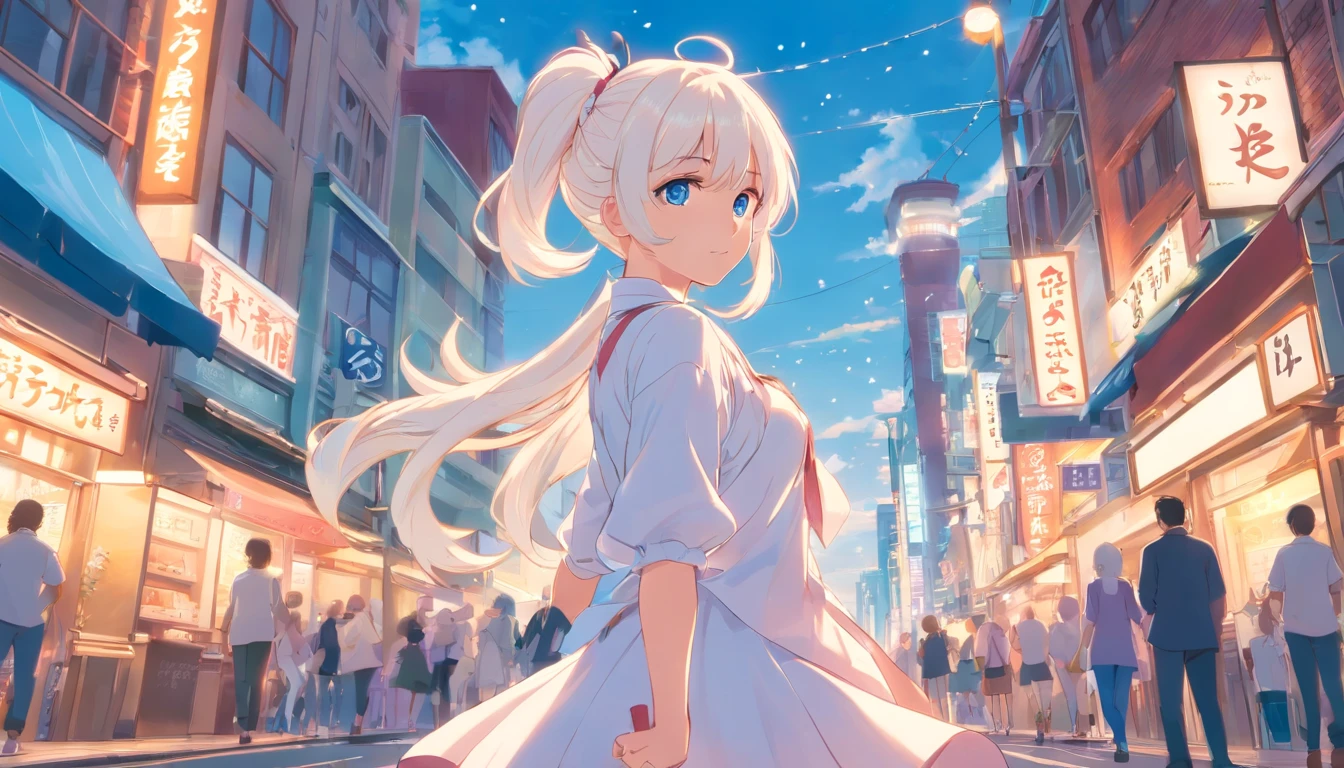 White color hair,Double ponytail curls,blue color eyes,White ta,Beth,A bustling city street,Full body photo