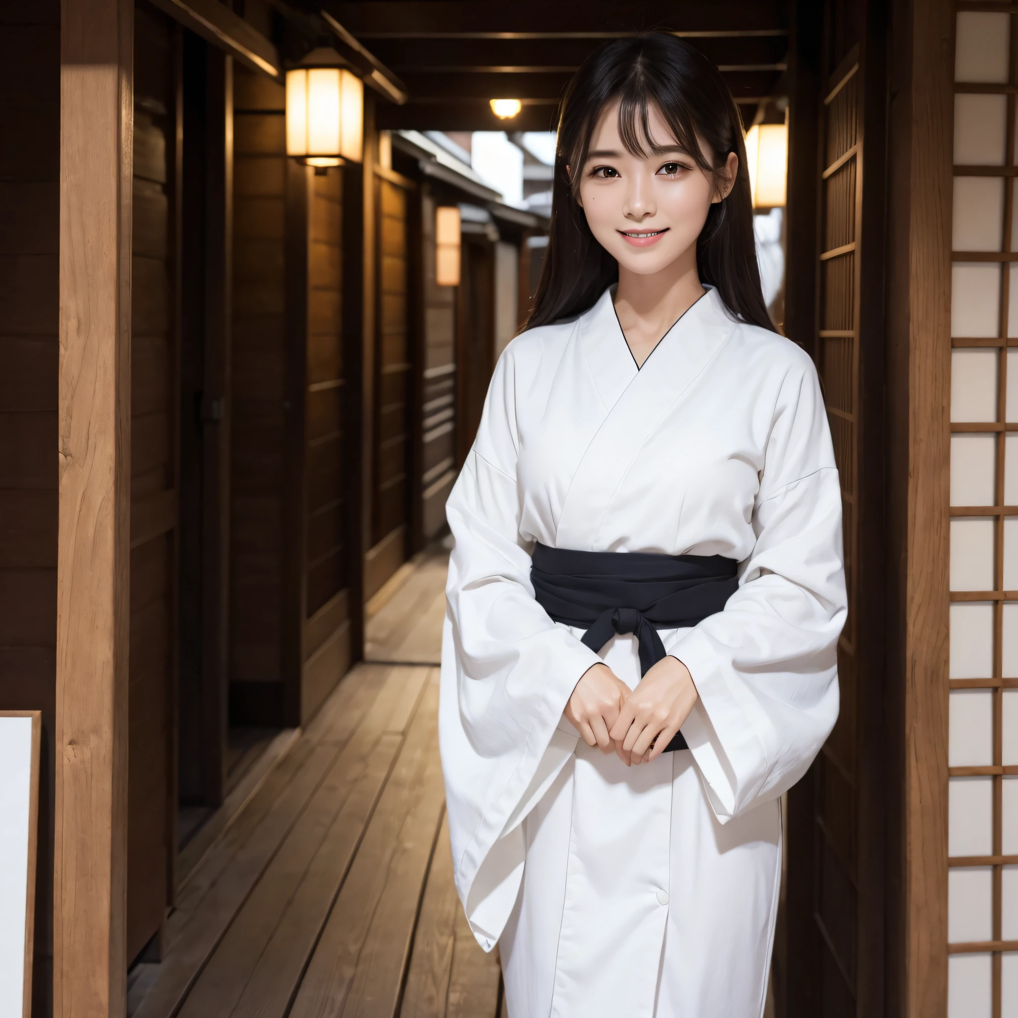 Beautiful woman in neat Japanese clothes、((best qualtiy、8k masterpieces:1.3))、foco nítido:1.2、(ultra beautiful faces:1.0)、(shinny skin:1.0)、photos realistic、A dark-haired、Video Lighting、High-definition eyes and face、Video Lighting、Japan Idol Actress、from the front side、medium breasts、Smile、Slender Abs Beauty、Whole body、In Gion