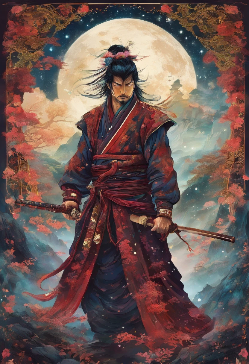 The samurai holds a katana, Starry skies and mist shroud the landscape.