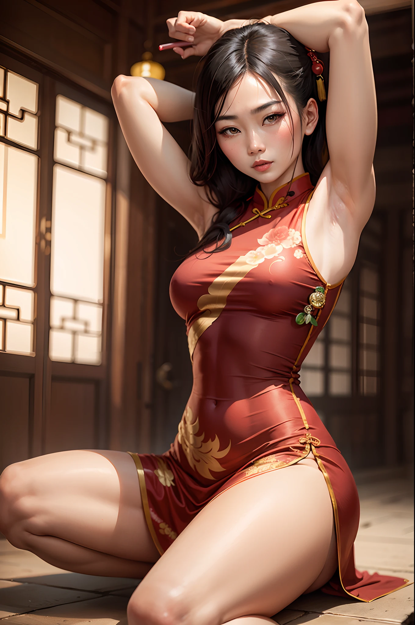 Asian woman in a red cheongsam, muscular, kung fu pose