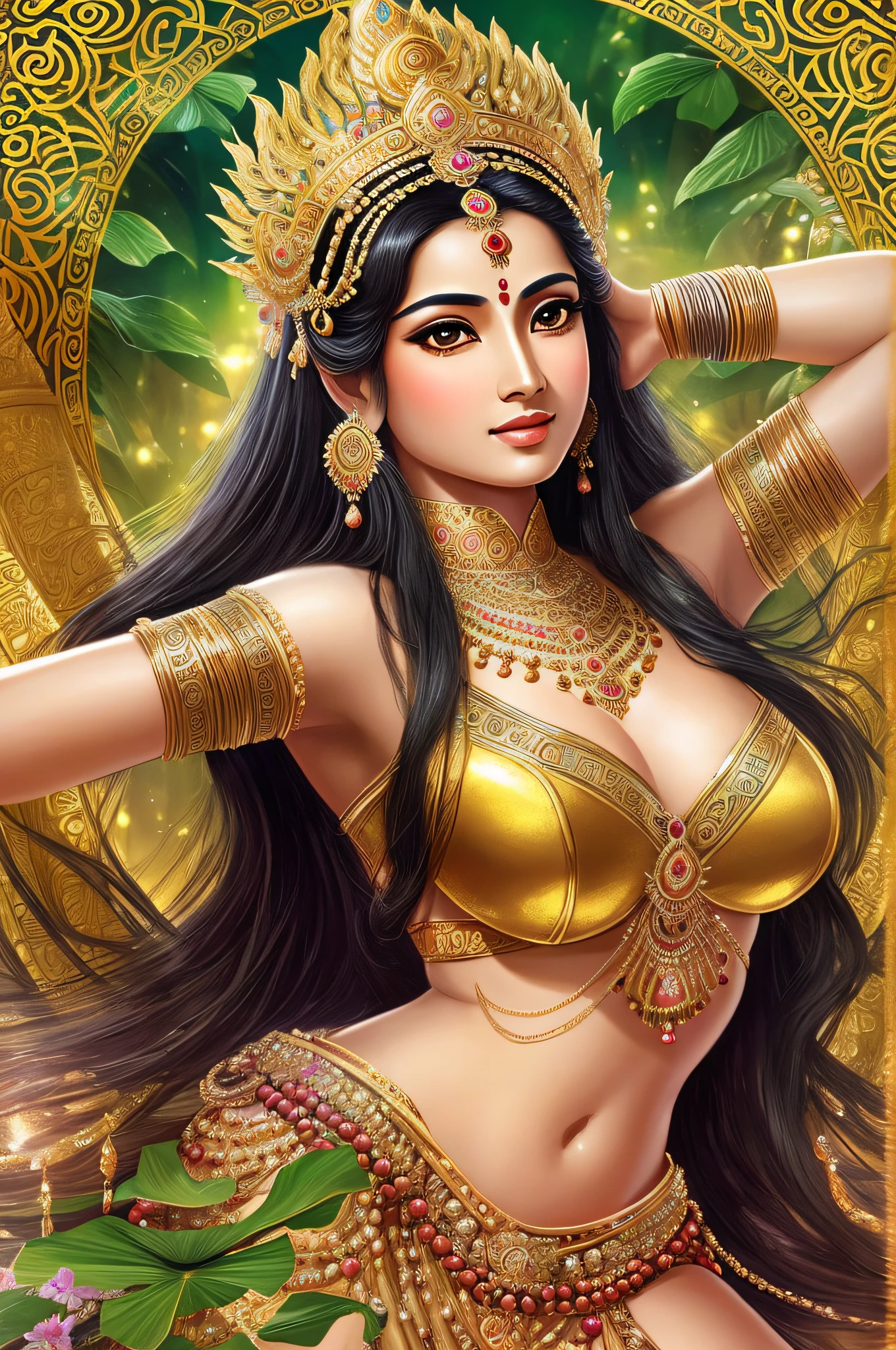 Beautiful Indian goddess, as Queen Draupadi , body with four arms, elegant beauty, gilded lotus princess, a beautiful fantasy queen, ancient Indian princess, ((beautiful fantasy queen)), goddess. Extremely high detail, portrait of beautiful goddess, princess of ancient Asian dynasty, Indian goddess of wealth, beautiful goddess, ancient Chinese beauty