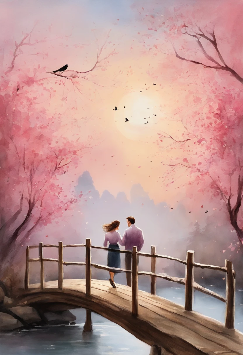 Tanabata Valentine's Day romantic poster,Close-up of a man and a woman kissing on a wooden bridge,Peach blossoms bloom on both sides of the river,Countless pink petals fell from the sky,Several magpies flew around in the sky,