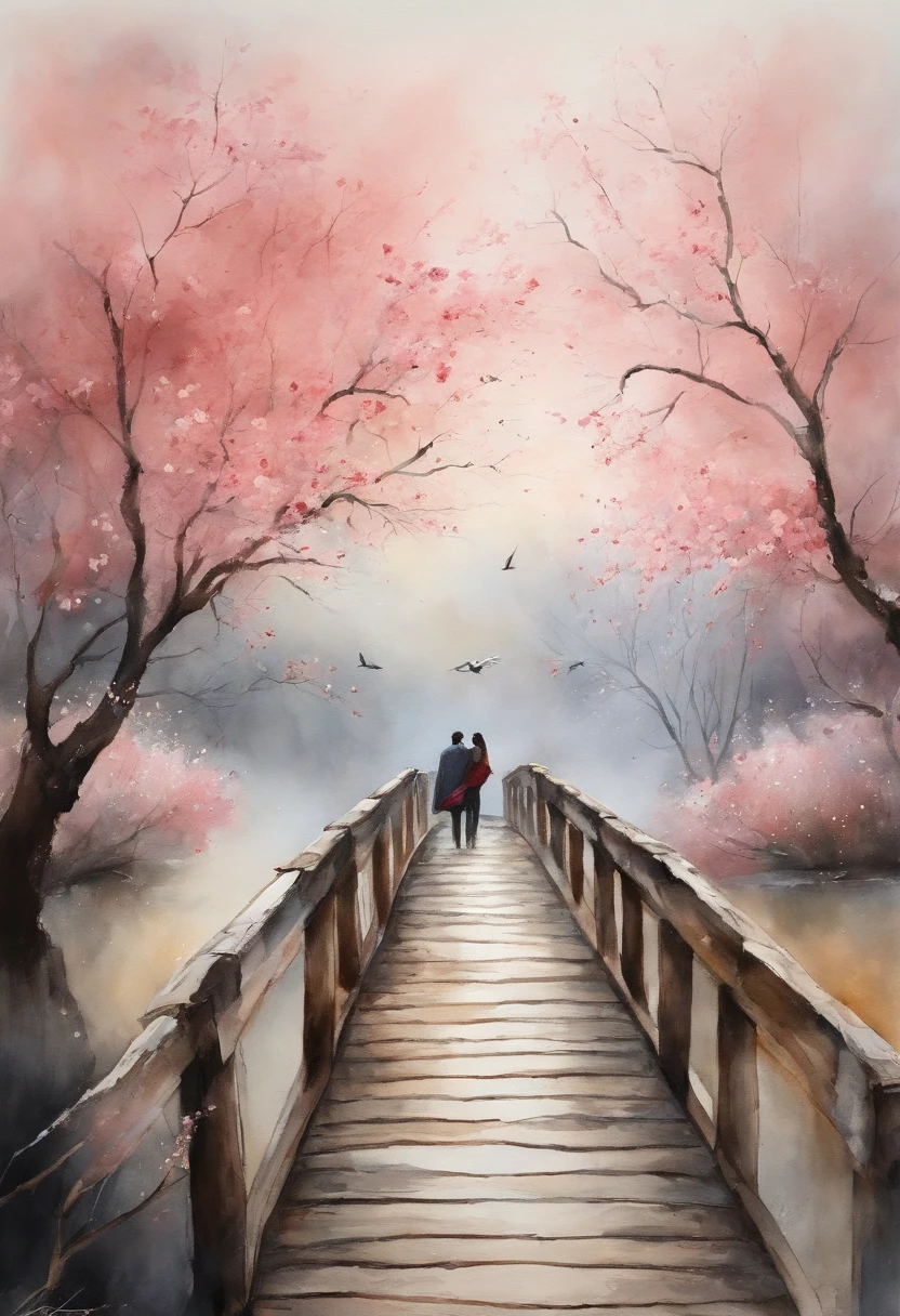 Tanabata Valentine's Day romantic poster,Close-up of a man and a woman kissing on a wooden bridge,Peach blossoms bloom on both sides of the river,Countless pink petals fell from the sky,Several magpies flew around in the sky,