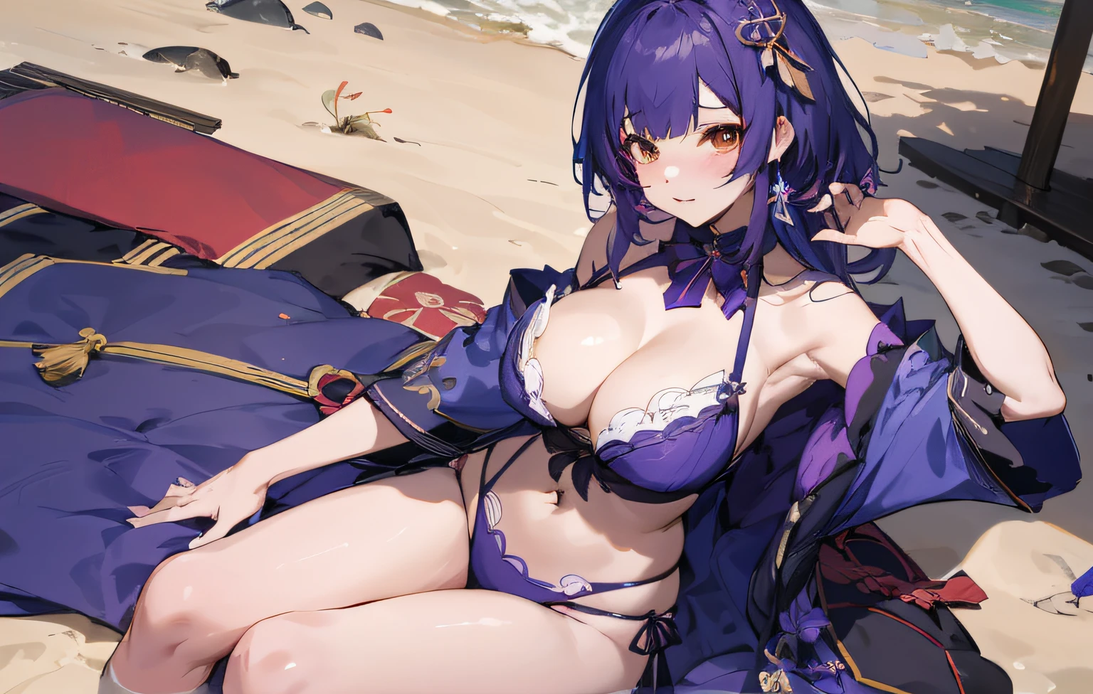 Anime - Style image of a woman in purple clothes sitting on the beach, Ayaka Genshin impact, Guviz, Guweiz on ArtStation Pixiv, A scene from the《azur lane》videogame, ayaka game genshin impact, seductive anime girls, Guweiz in Pixiv ArtStation, azur lane style, Genshin