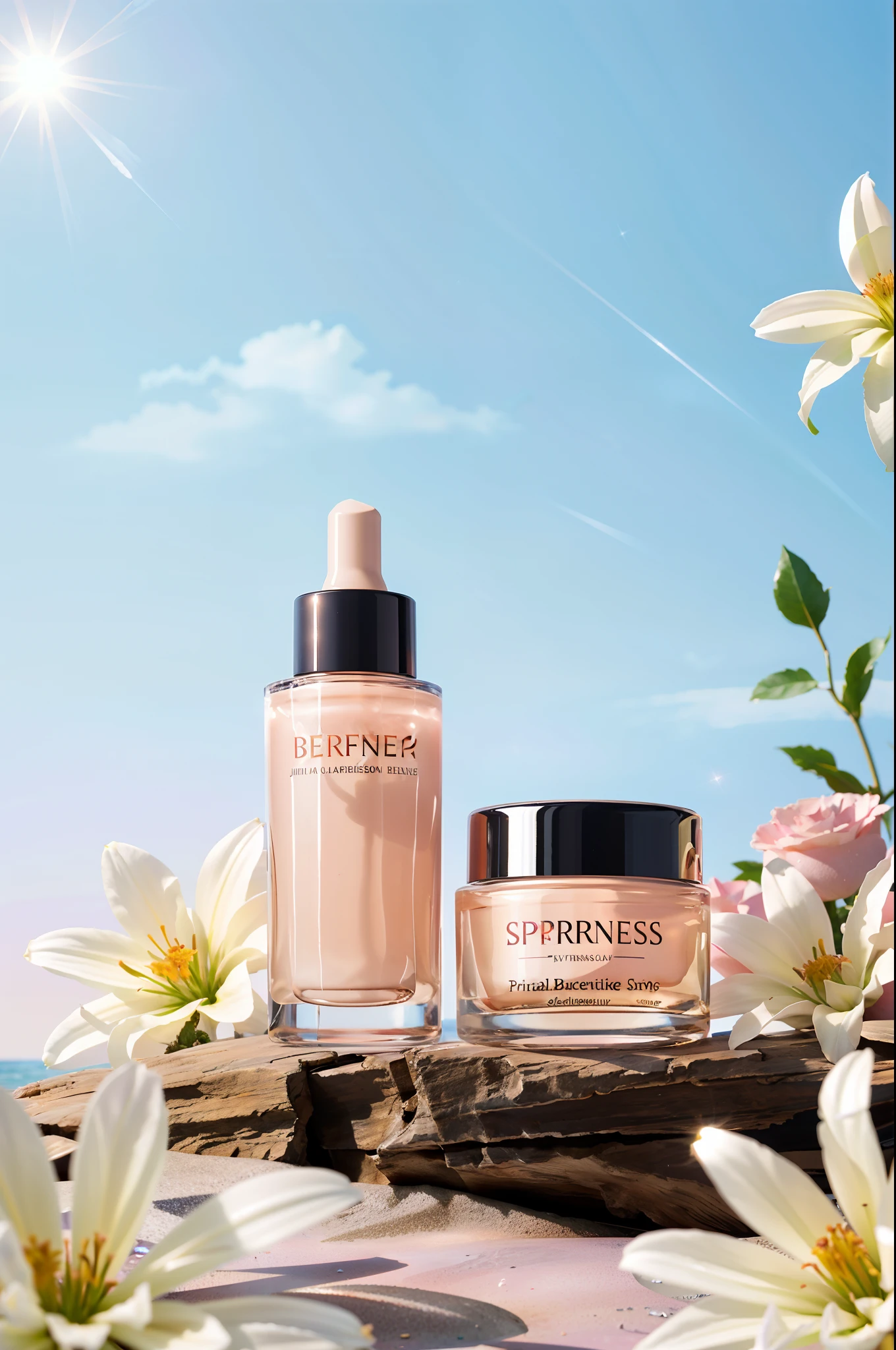 A bottle of glass cosmetics, Sparkle, Liquid, Sunlight, sky, Flowers, Simple background, Gradient background,