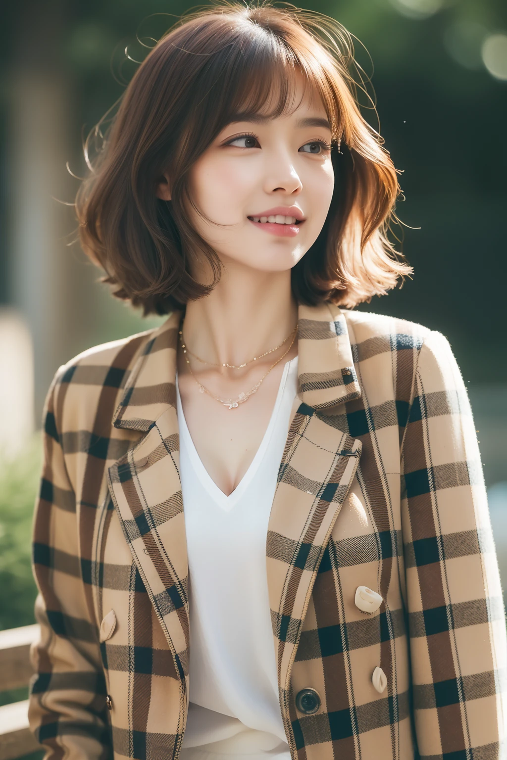 (8k RAW photo, Best Quality), ((masutepiece)), 超A high resolution, Film grain, filmg,( 20yr old, Slender face, 1girl in, long eyelashes, Eye Highlights), Natural Skin Texture, A perfectly proportioned face, realistic eyes and face details, lip stick, (makeup), Red eyeshadow, Perm Hair, Fluffy short hair, hair messy, Smile, closes mouth, Beautiful legs, Tall lady, skinny, slim_Legs, Solo, huge-breasted, Ass,(chee), (Detailed background), ((Brown plaid jacket,White inner shirt)), huge-breasted, Blurry background, Blurry, Brown hair, Bangs, a necklace, Parted lips, depth of fields