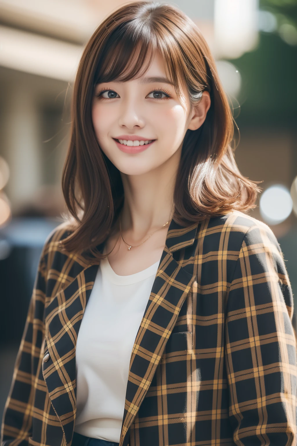 (8k RAW photo, Best Quality), ((masutepiece)), 超A high resolution, Film grain, filmg,( 20yr old, Slender face, 1girl in, long eyelashes, Eye Highlights), Natural Skin Texture, A perfectly proportioned face, realistic eyes and face details, lip stick, (makeup), Red eyeshadow, Perm Hair, Fluffy short hair, hair messy, Smile, closes mouth, Beautiful legs, Tall lady, skinny, slim_Legs, Solo, huge-breasted, Ass,(chee), (Detailed background), ((Brown plaid jacket,White inner shirt)), huge-breasted, Blurry background, Blurry, Brown hair, Bangs, a necklace, Parted lips, depth of fields