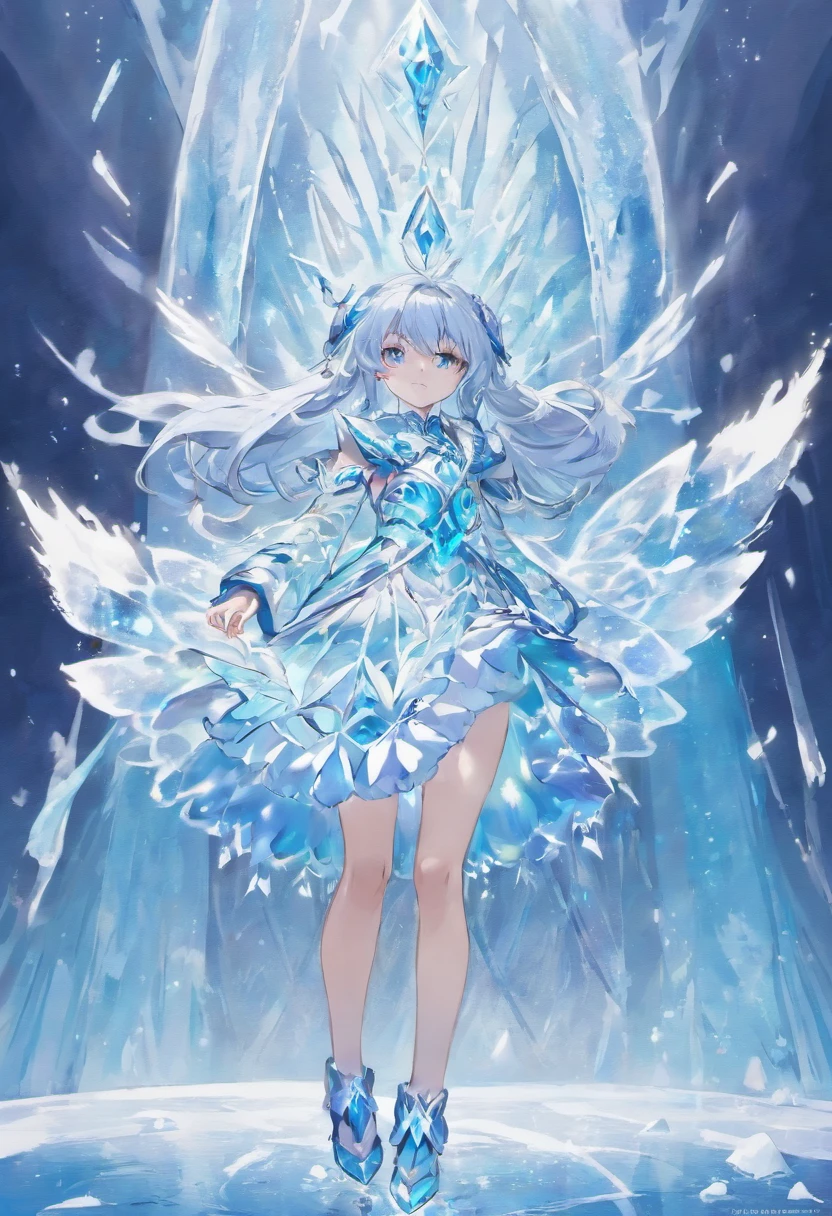 Anime character standing in water in blue and white costume, ice sorceress, ice mage, Trending on ArtStation pixiv, Ice Crystal Armor, splash art anime loli, official anime artwork, full portrait of elementalist, anime goddess, white haired god, Wallpaper Anime Blue Water, beautiful celestial mage, Ayaka Genshin Impact, Silno cat ears，full body photo shot，bare-legged，Exquisite hands，perfect foot，long, flowing hair，Detailed long hair，Perfect picture，，Geometry of ice crystals，Blue and white JK uniform pleated skirt，Feet on ice，narrow sleeves。