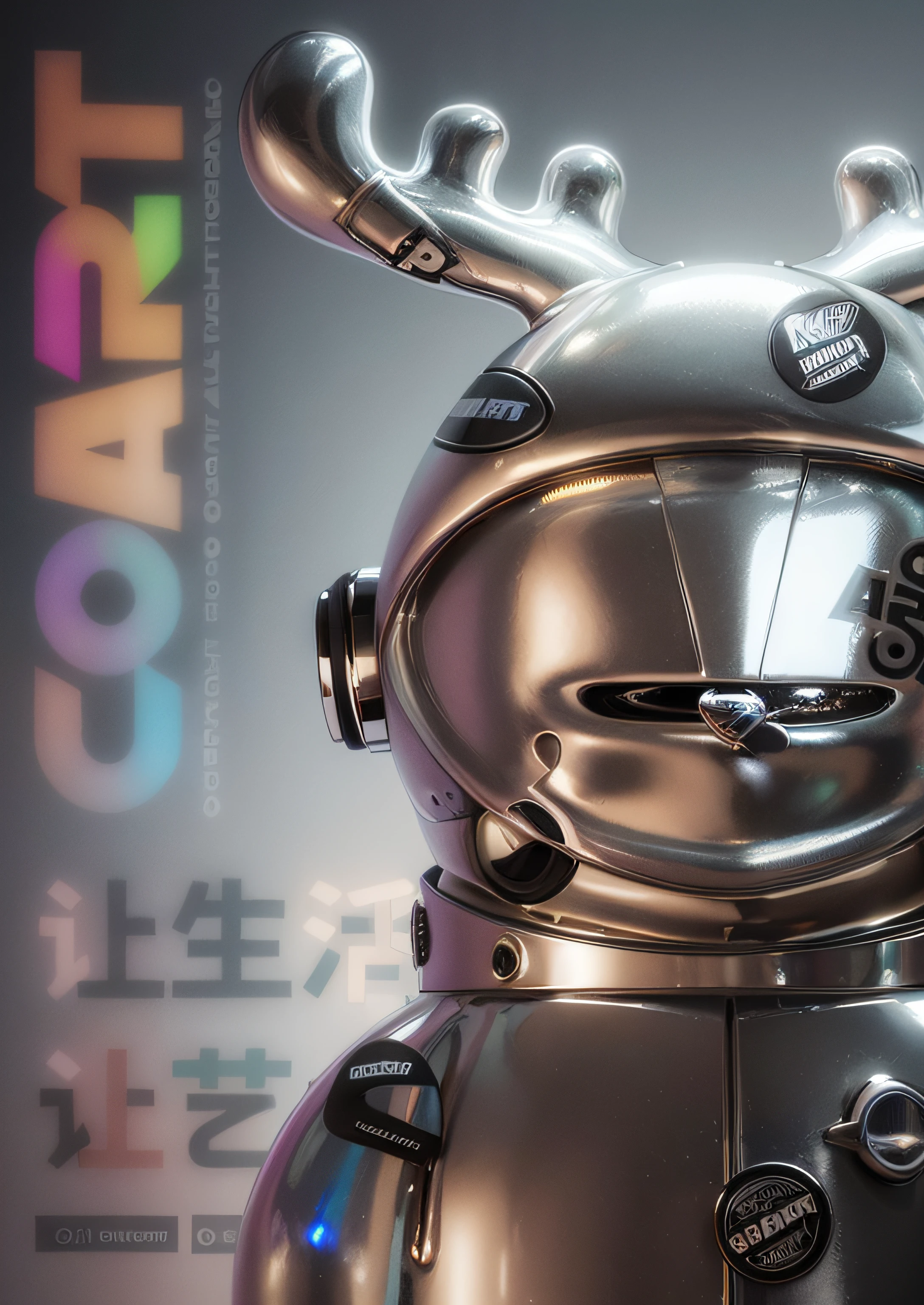 There is a shiny silver object,There is a deer head on it, a raytraced image inspired by Jeff Koons, reddit, new sculpture, made out of shiny silver, cel shaded pbr, raytraced render, chrome art, a digital rendering, chrome body, chrome plating, silver chrome color, high res render, made out of shiny white metal,hyper HD,hyper HD,hyper HD